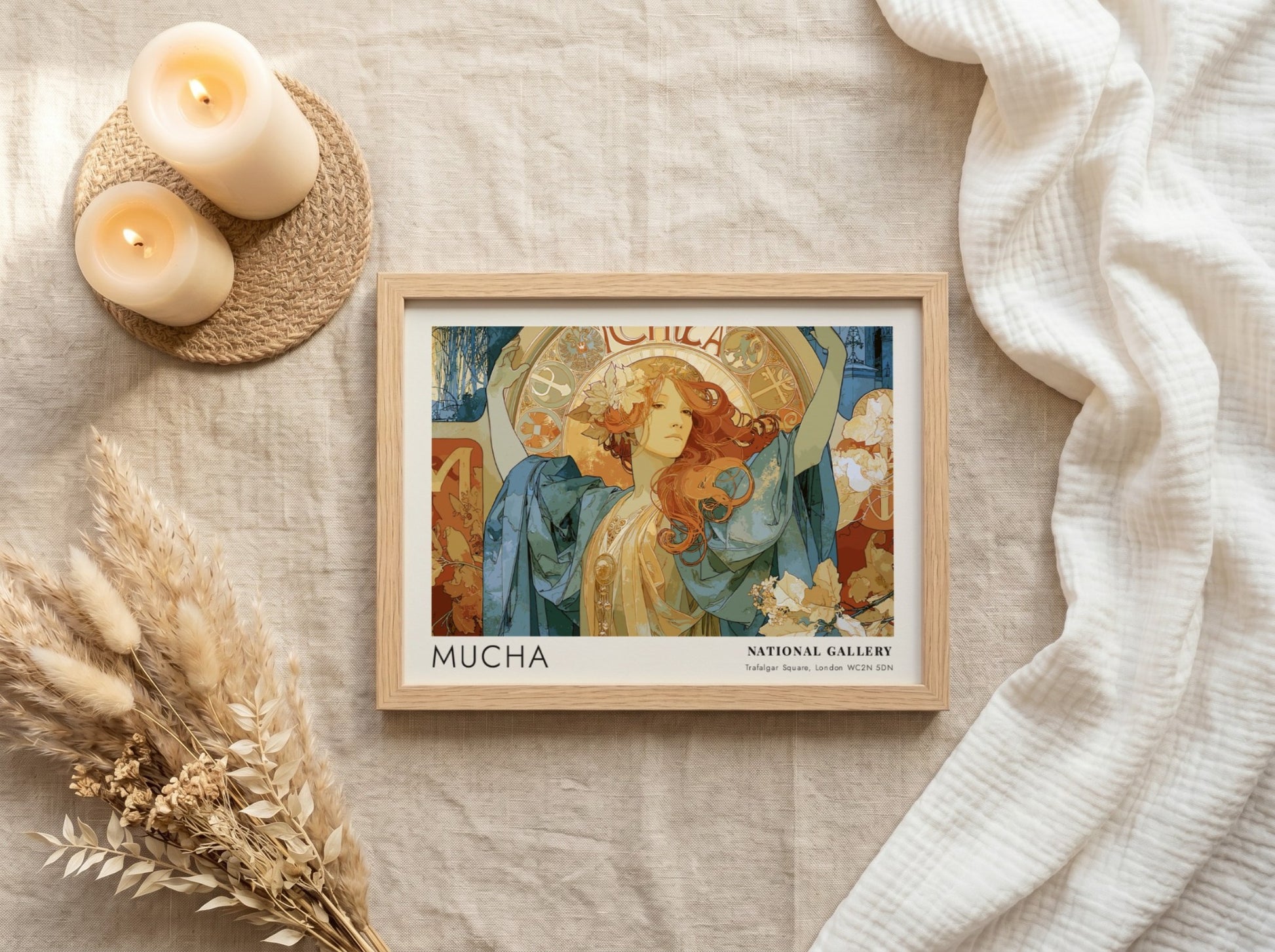 Wall art poster featuring Alphonse Mucha artwork with blue robes and golden details.