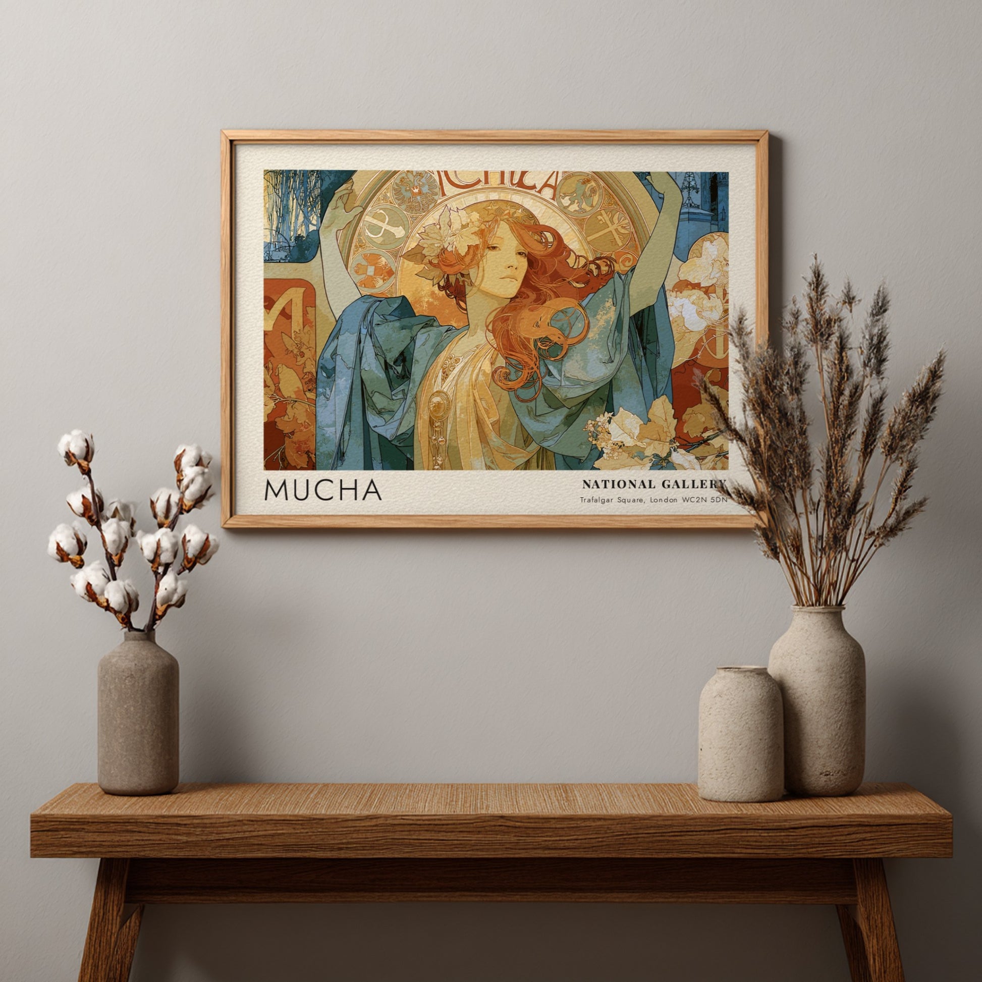 Wall art poster featuring Alphonse Mucha artwork with blue robes and golden details.