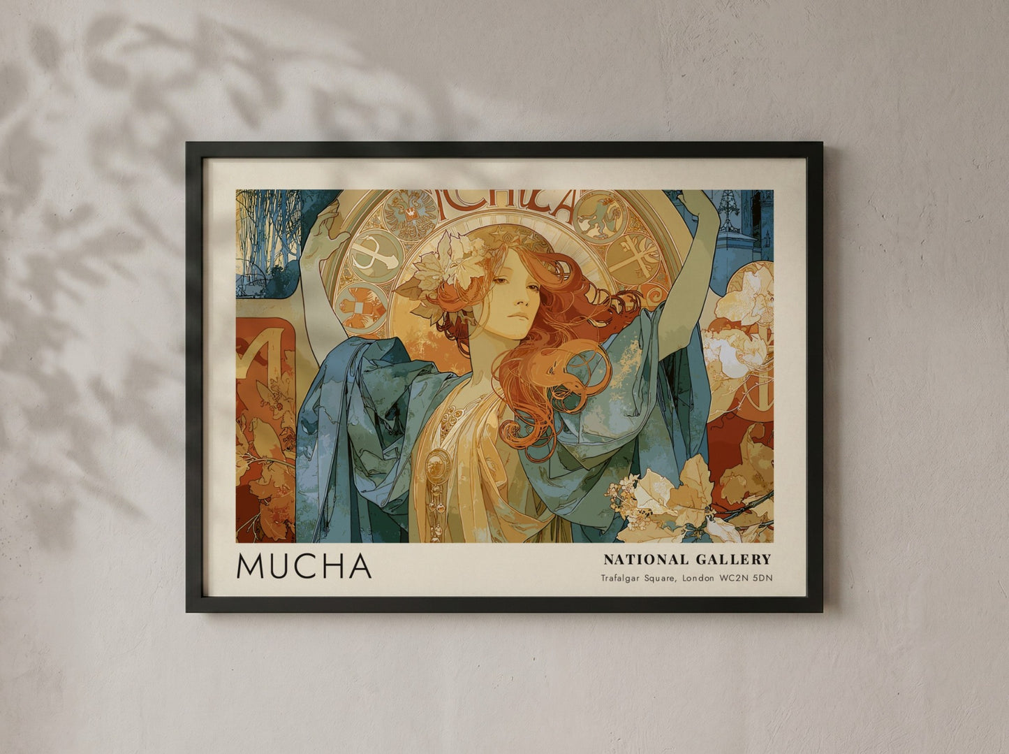 Wall art poster featuring Alphonse Mucha artwork with blue robes and golden details.