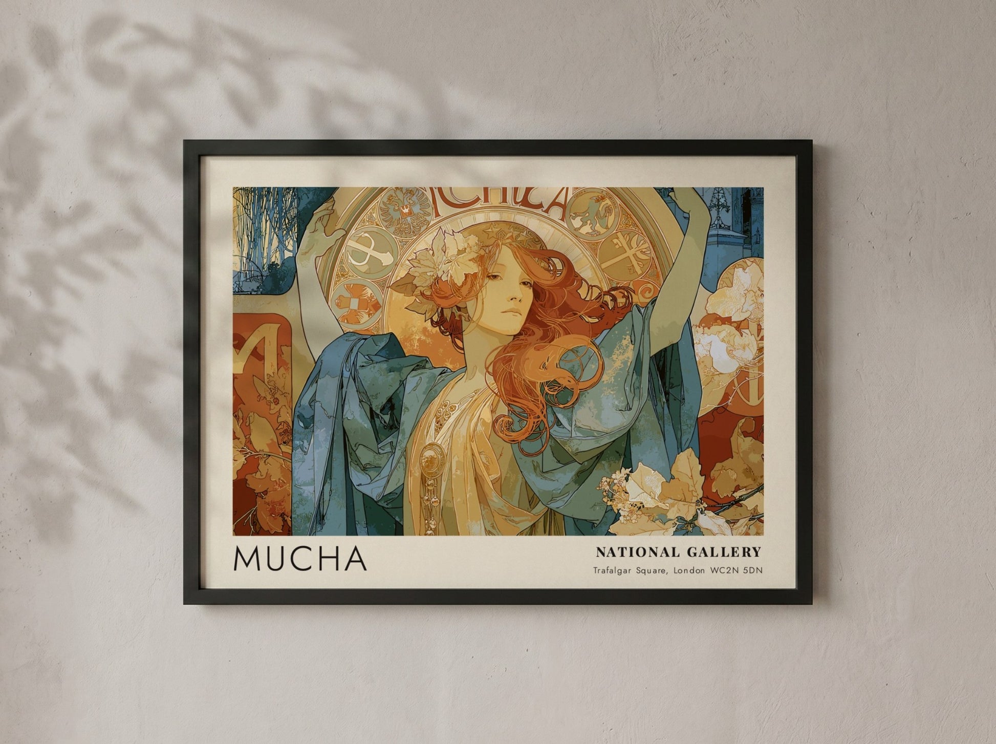 Wall art poster featuring Alphonse Mucha artwork with blue robes and golden details.