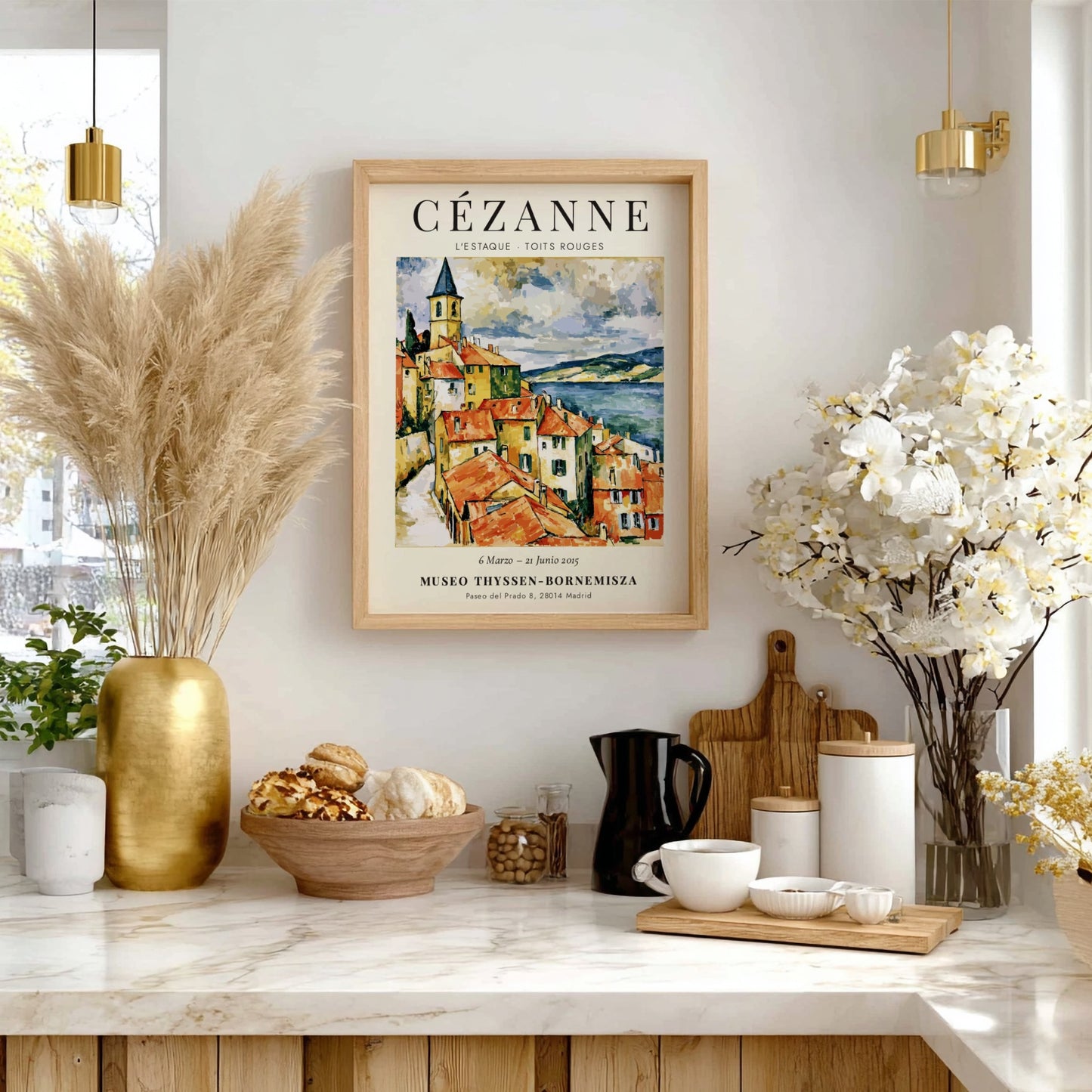 Cézanne exhibition poster featuring L'Estaque Toits Rouges with vibrant colors and brushstrokes