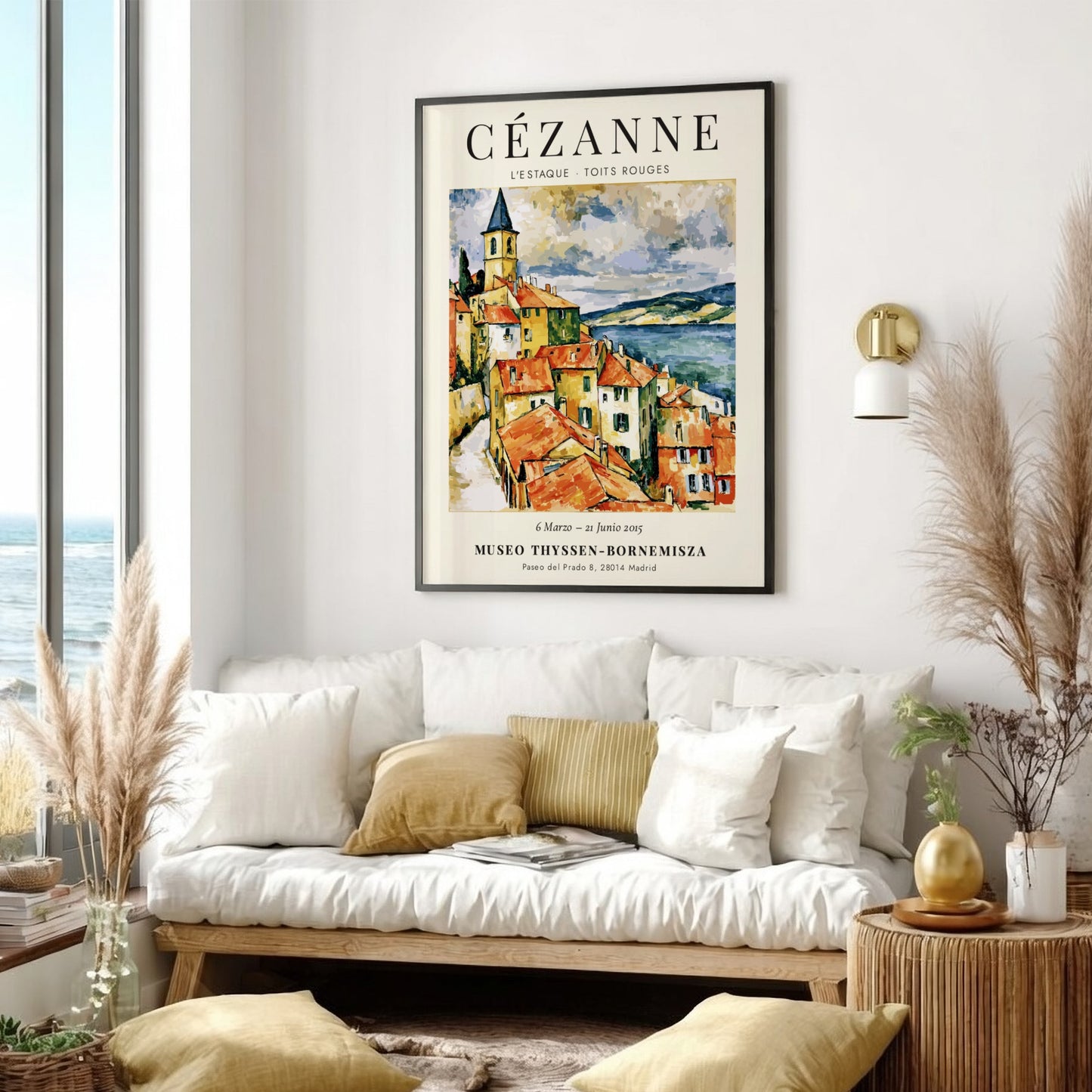 Cézanne exhibition poster featuring L'Estaque Toits Rouges with vibrant colors and brushstrokes