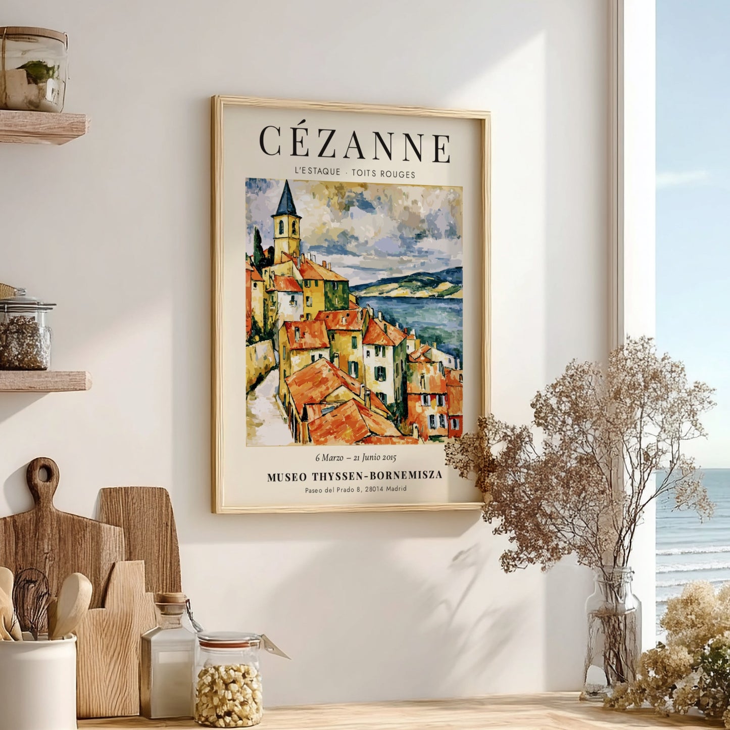 Cézanne exhibition poster featuring L'Estaque Toits Rouges with vibrant colors and brushstrokes