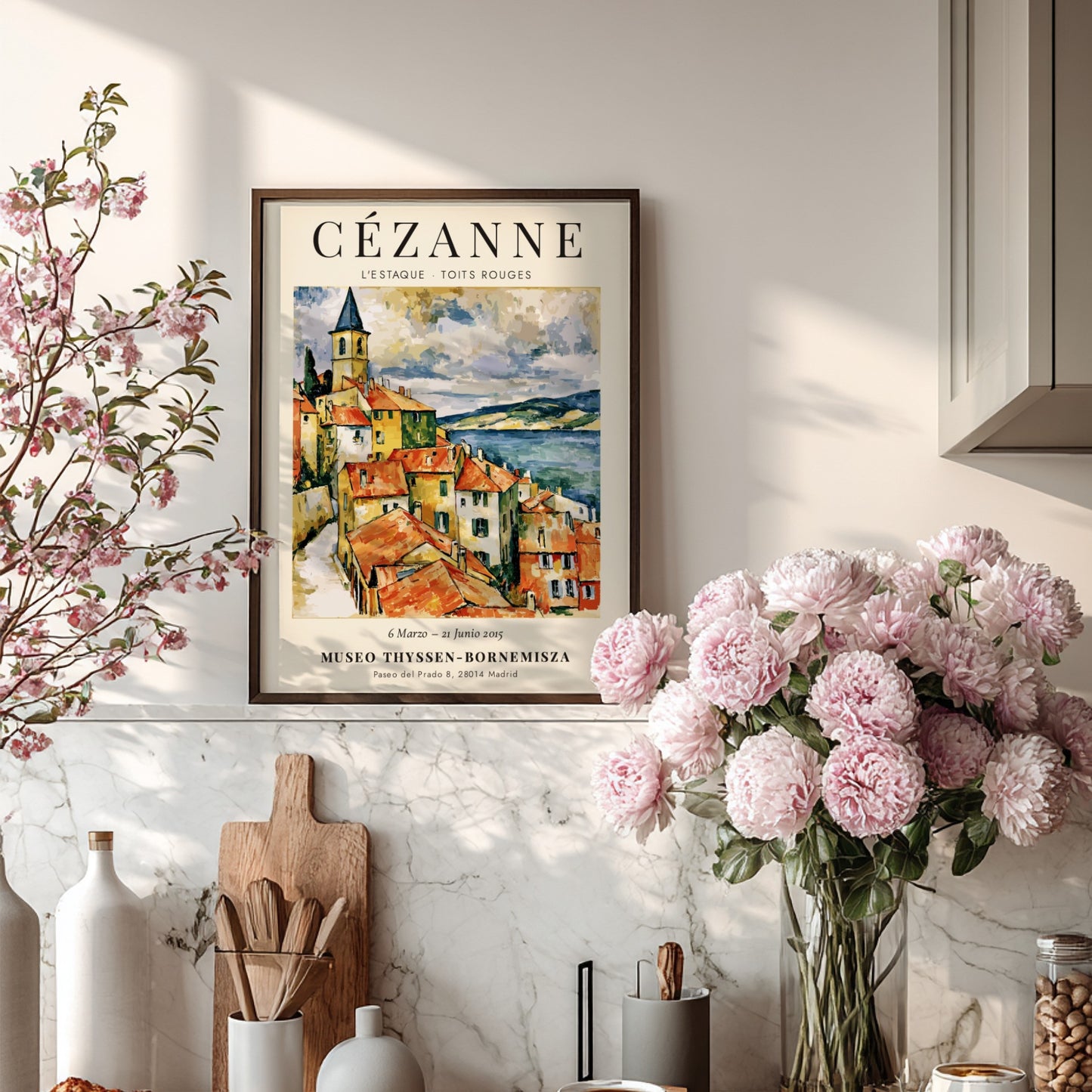 Cézanne exhibition poster featuring L'Estaque Toits Rouges with vibrant colors and brushstrokes