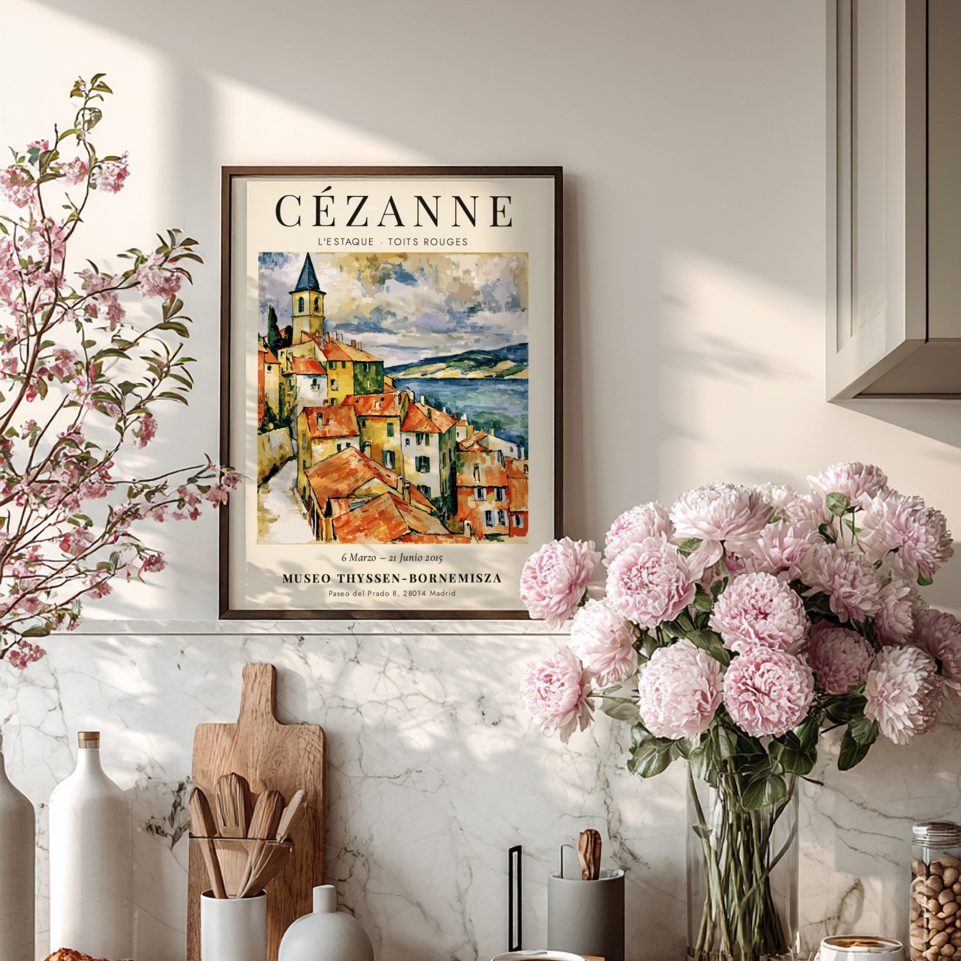 Cézanne exhibition poster featuring L'Estaque Toits Rouges with vibrant colors and brushstrokes