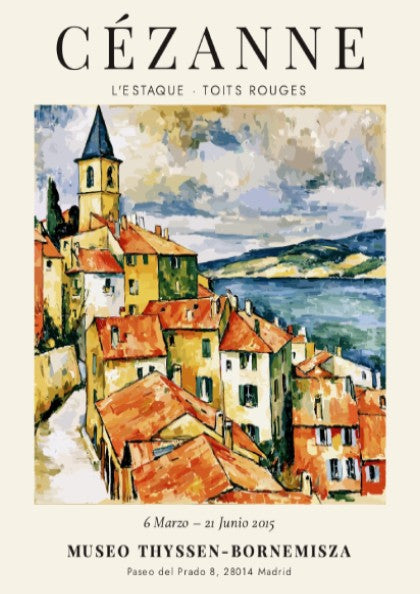 Cézanne exhibition poster featuring L'Estaque Toits Rouges with vibrant colors and brushstrokes