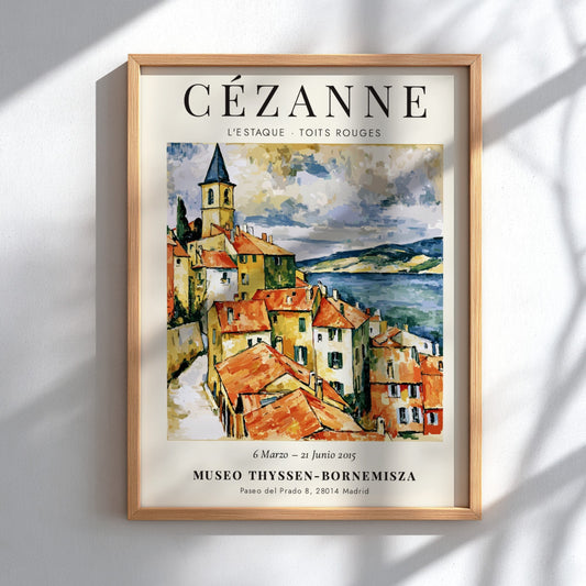 Cézanne exhibition poster featuring L'Estaque Toits Rouges with vibrant colors and brushstrokes