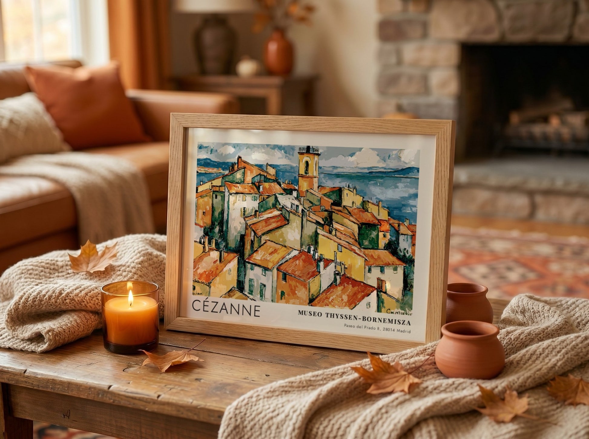 Wall art poster featuring Cézanne L'Estaque landscape with red rooftops and blue sea.