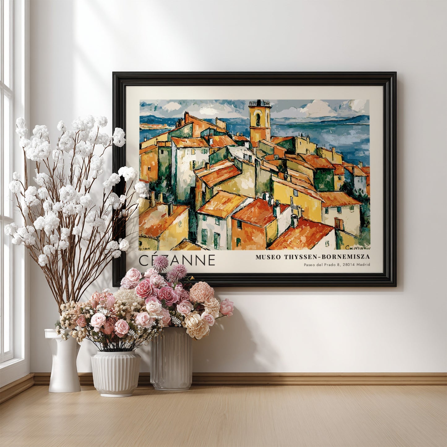 Wall art poster featuring Cézanne L'Estaque landscape with red rooftops and blue sea.