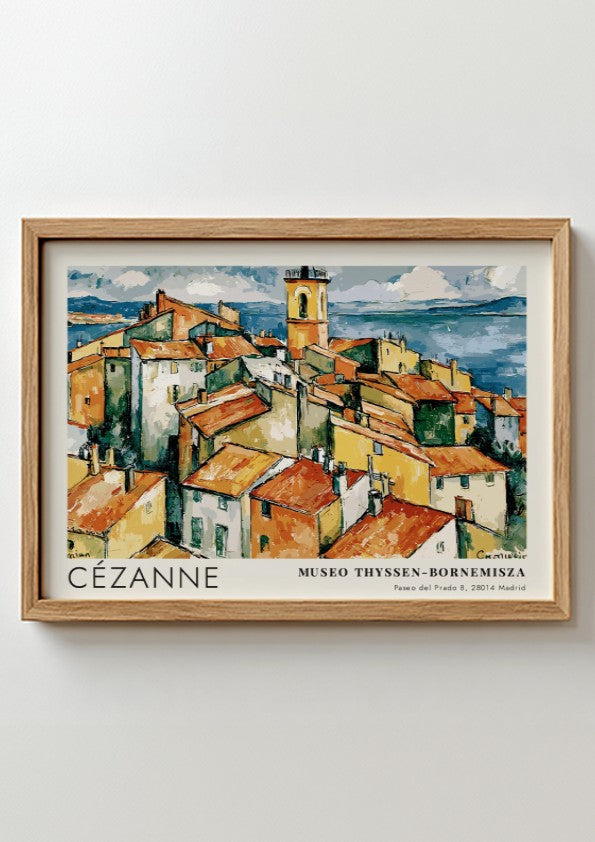 Wall art poster featuring Cézanne L'Estaque landscape with red rooftops and blue sea.