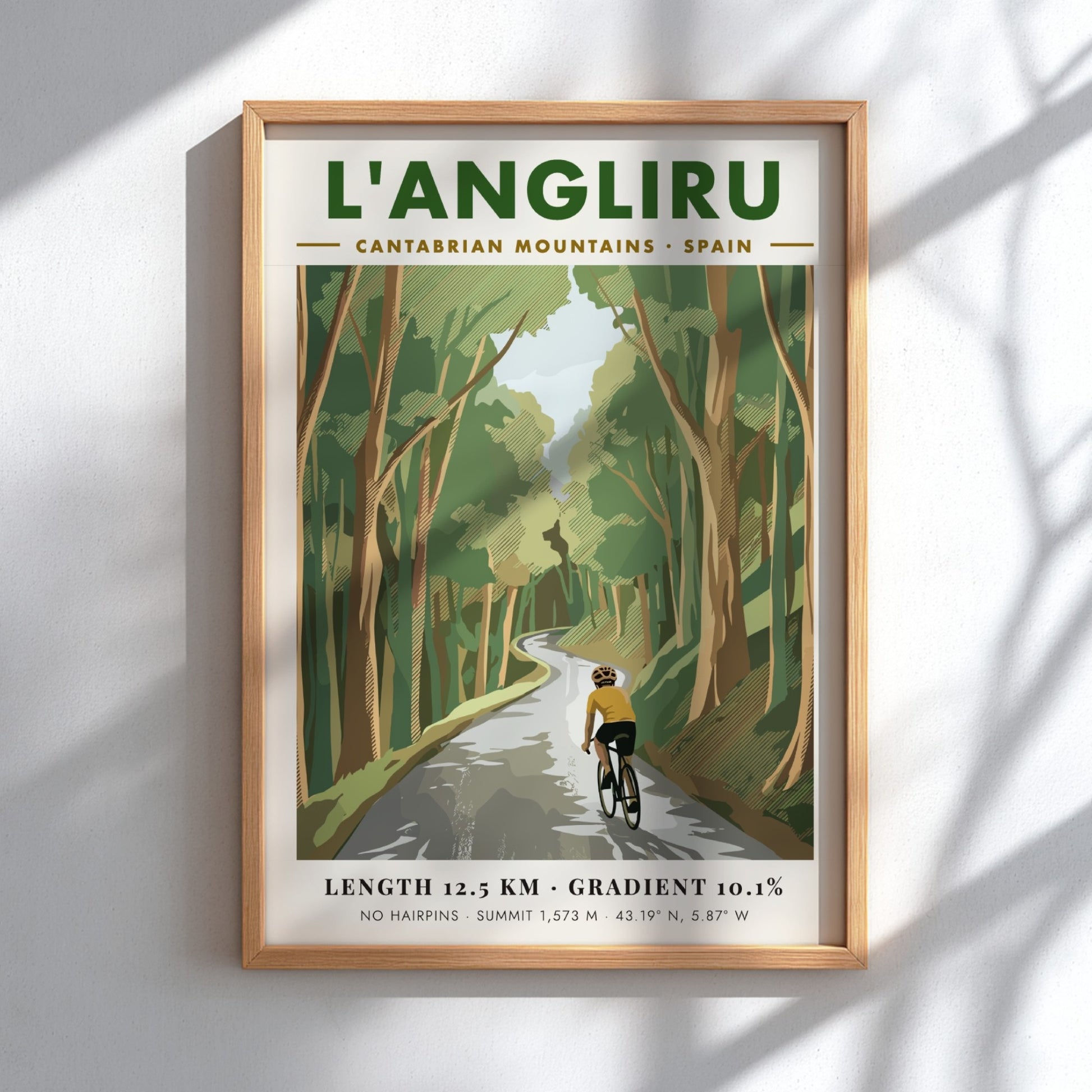 Cycling poster featuring a rider on the forested L'Angliru climb in Spain.