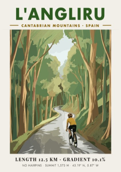 Cycling poster featuring a rider on the forested L'Angliru climb in Spain.
