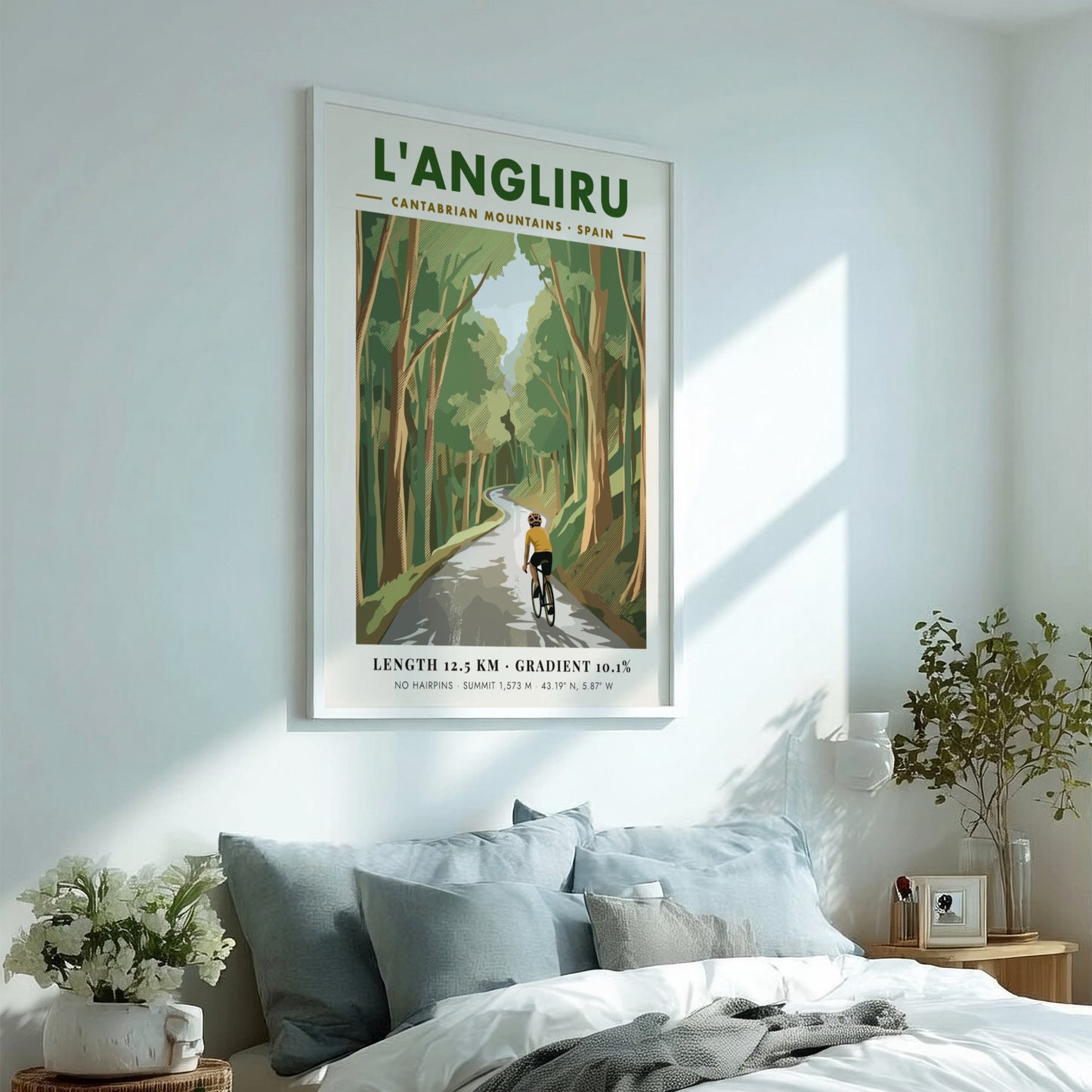 Cycling poster featuring a rider on the forested L'Angliru climb in Spain.