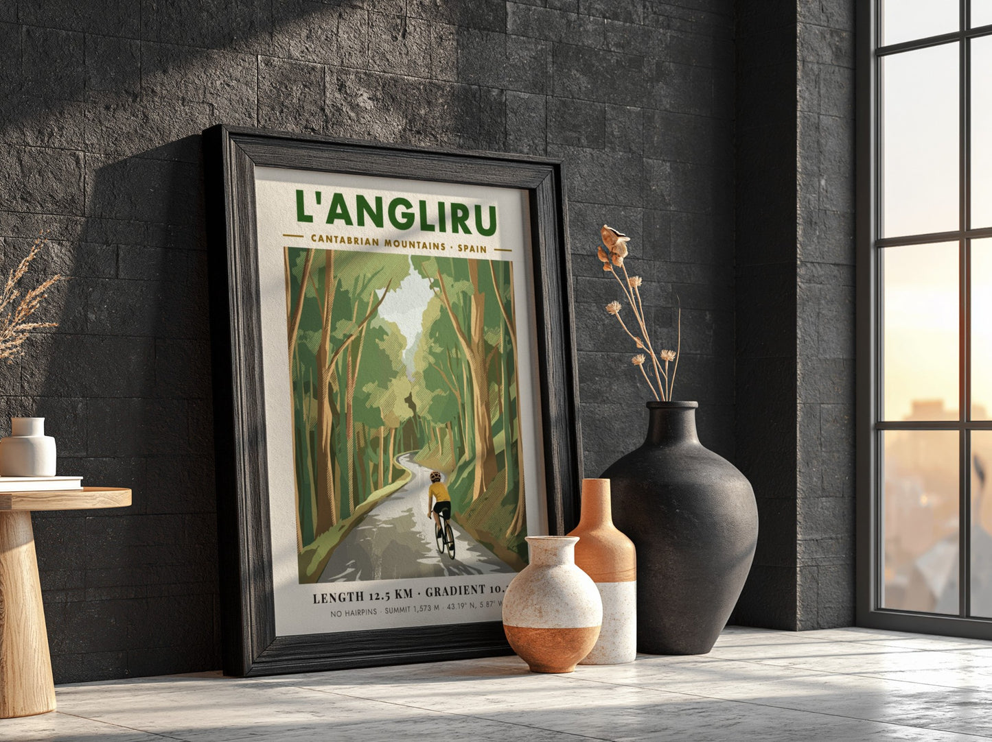 Cycling poster featuring a rider on the forested L'Angliru climb in Spain.
