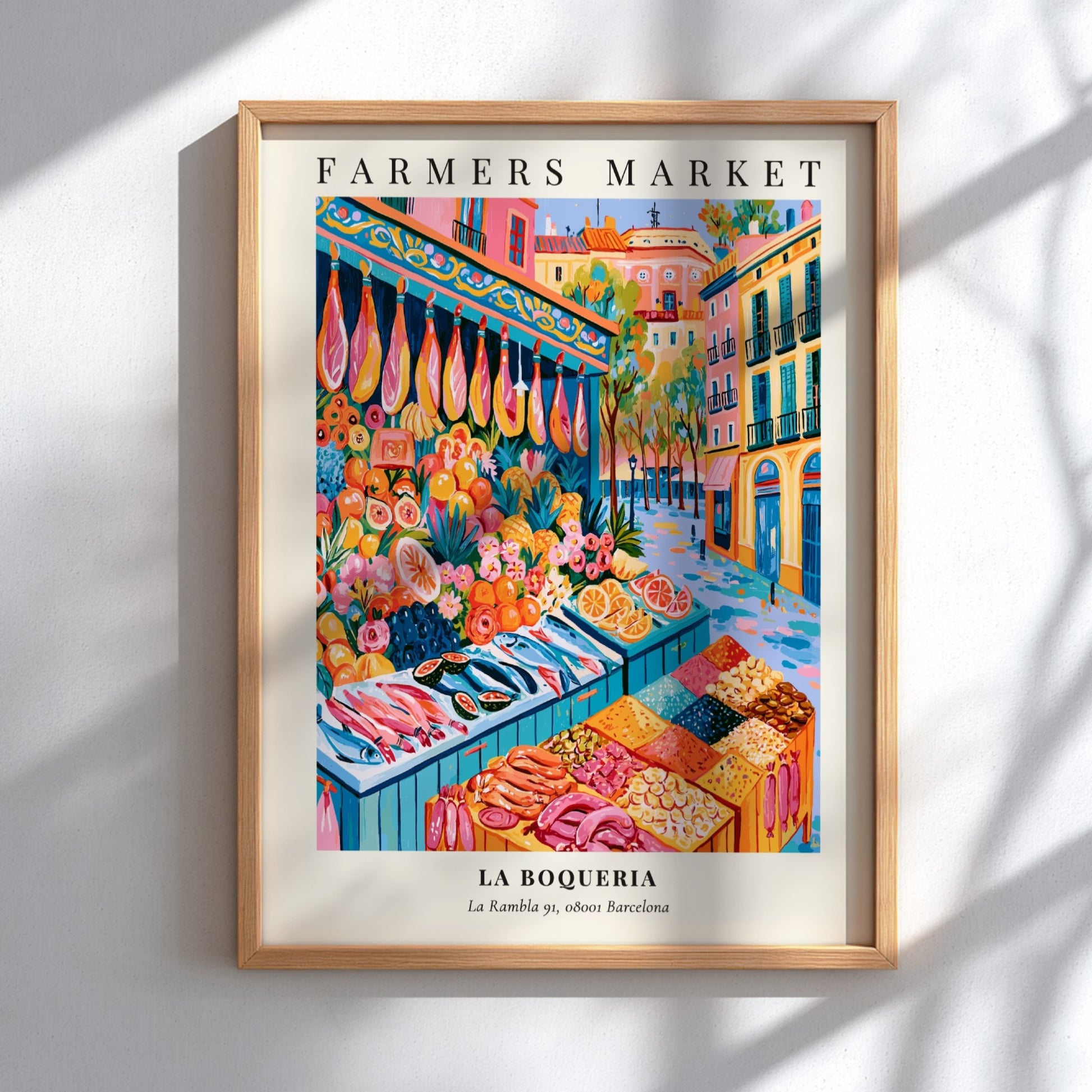 La Boqueria poster featuring vibrant market scene with fresh produce and seafood in Barcelona style