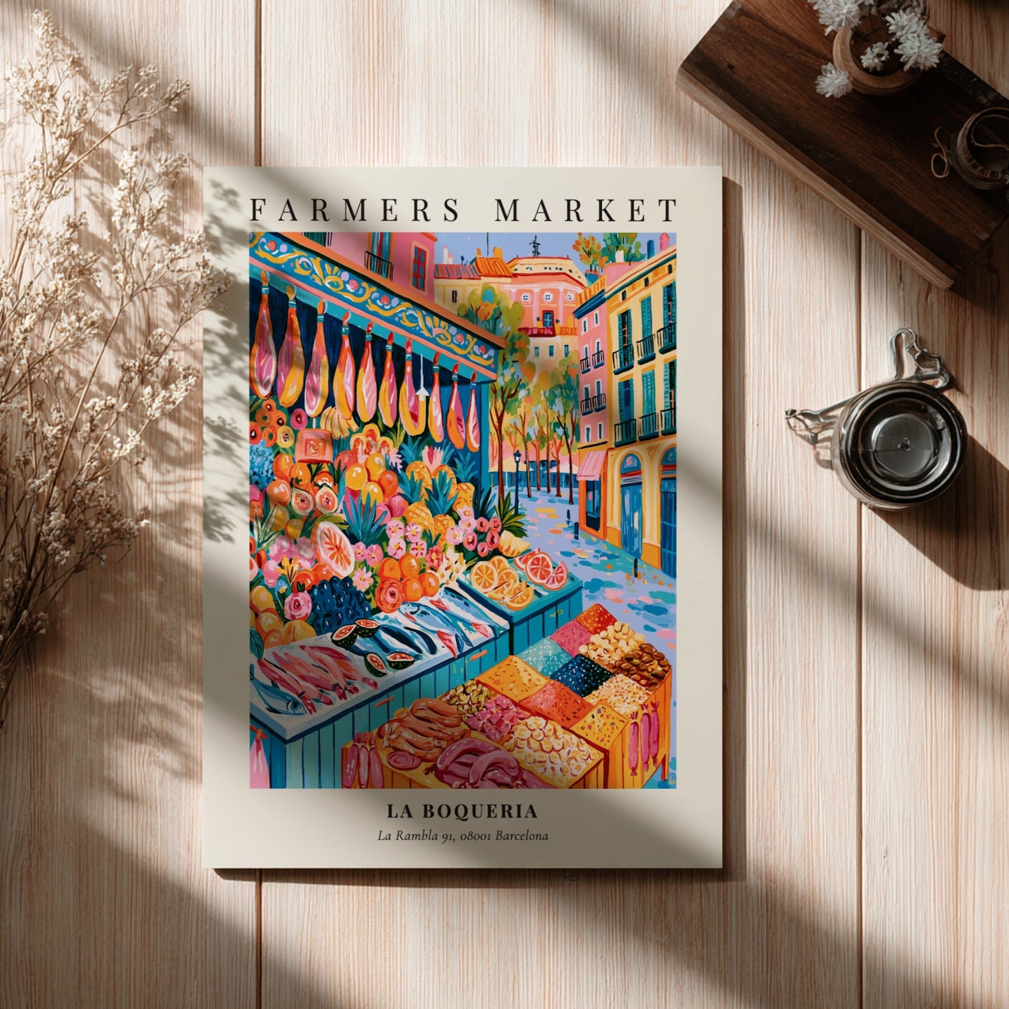 La Boqueria poster featuring vibrant market scene with fresh produce and seafood in Barcelona style