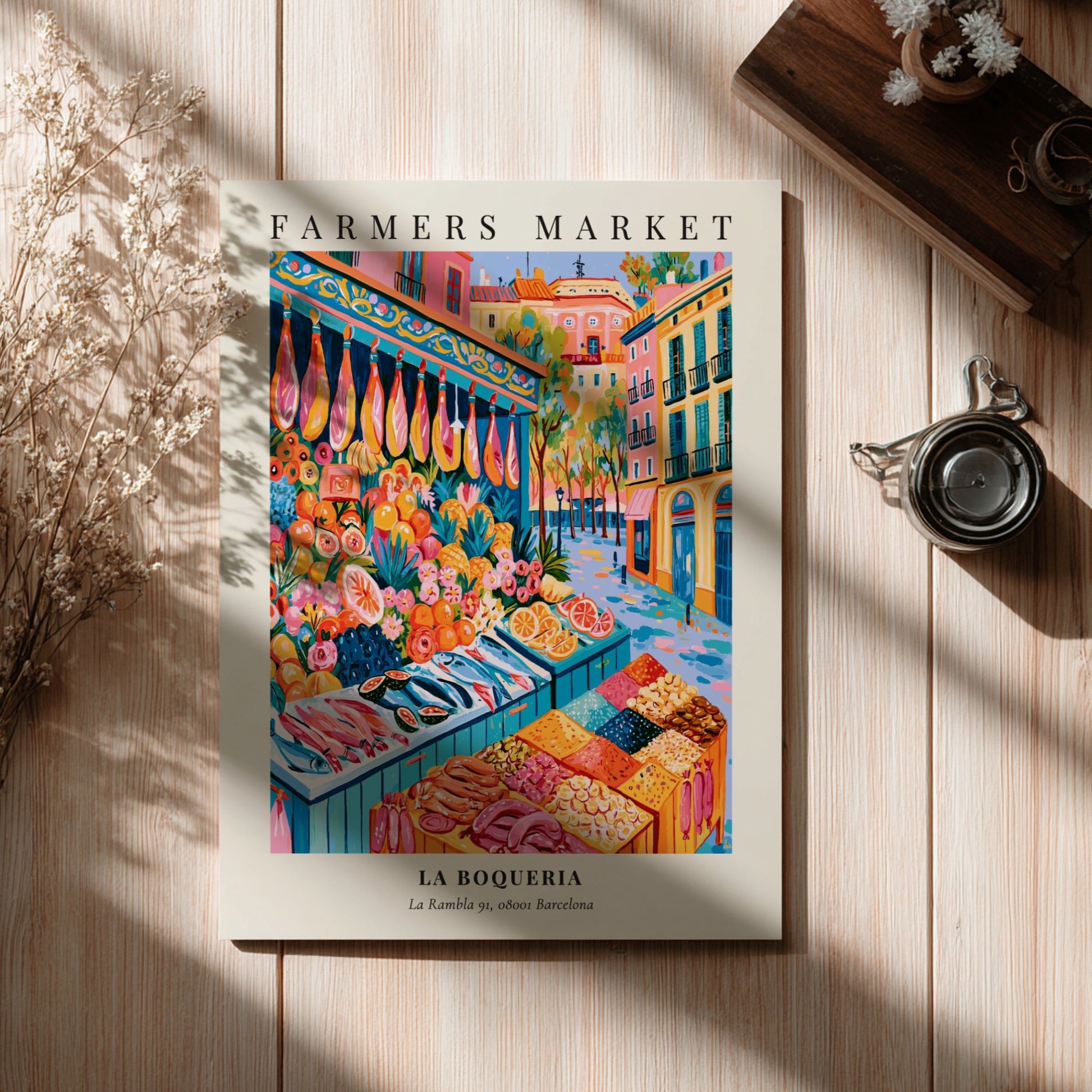 La Boqueria poster featuring vibrant market scene with fresh produce and seafood in Barcelona style