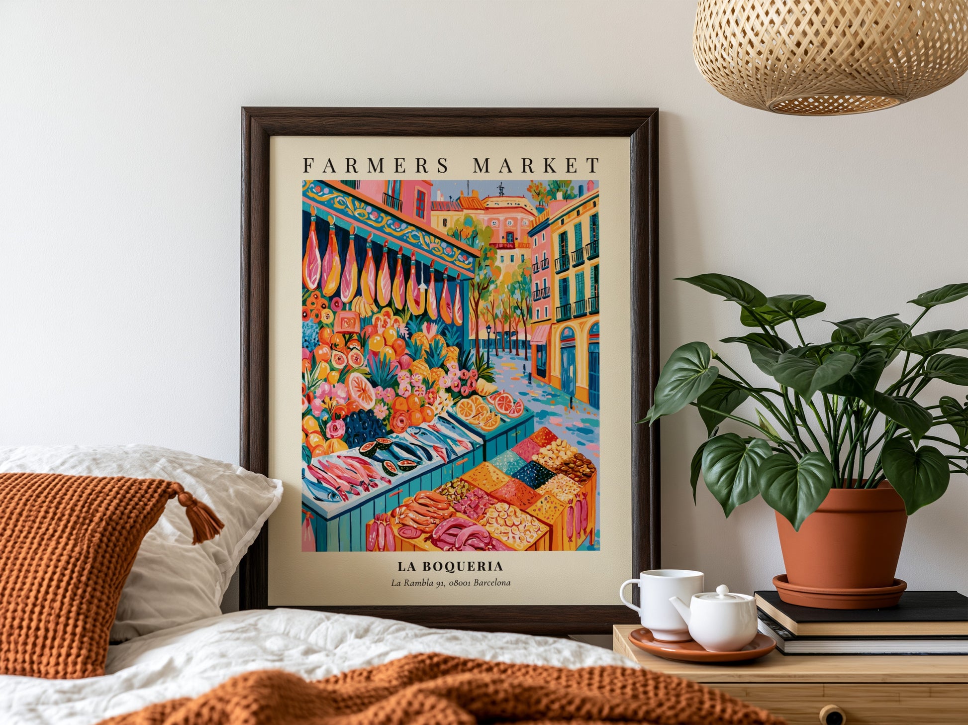 La Boqueria poster featuring vibrant market scene with fresh produce and seafood in Barcelona style