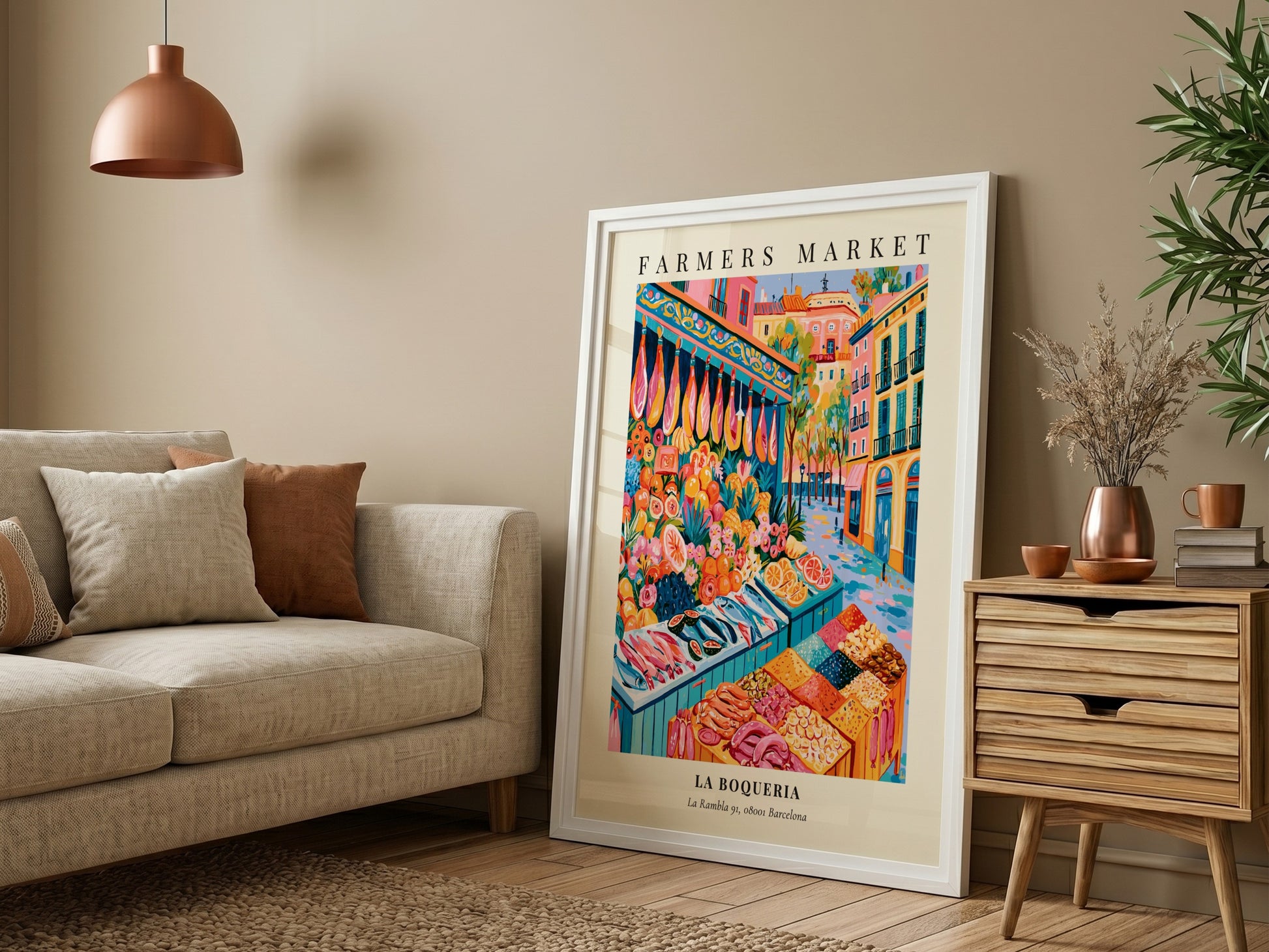 La Boqueria poster featuring vibrant market scene with fresh produce and seafood in Barcelona style