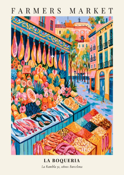 La Boqueria poster featuring vibrant market scene with fresh produce and seafood in Barcelona style