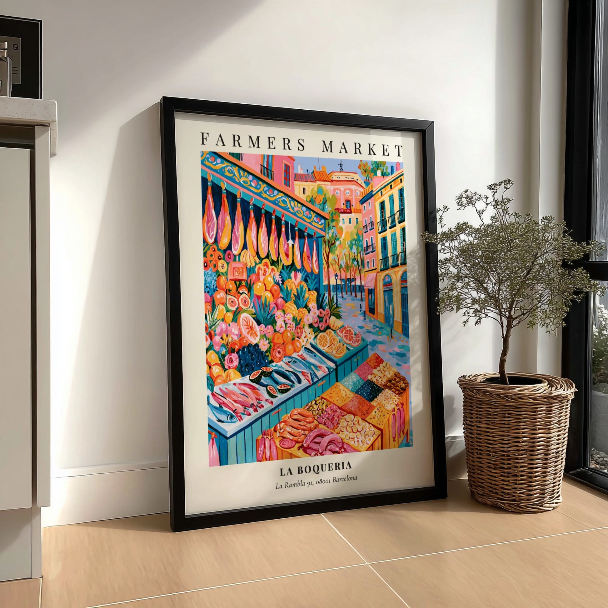 La Boqueria poster featuring vibrant market scene with fresh produce and seafood in Barcelona style