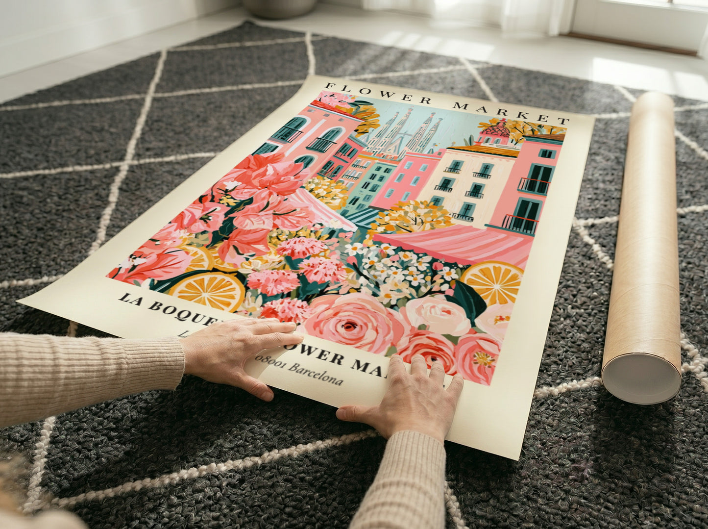 Floral print featuring La Boqueria Flower Market with vibrant colors and Barcelona skyline