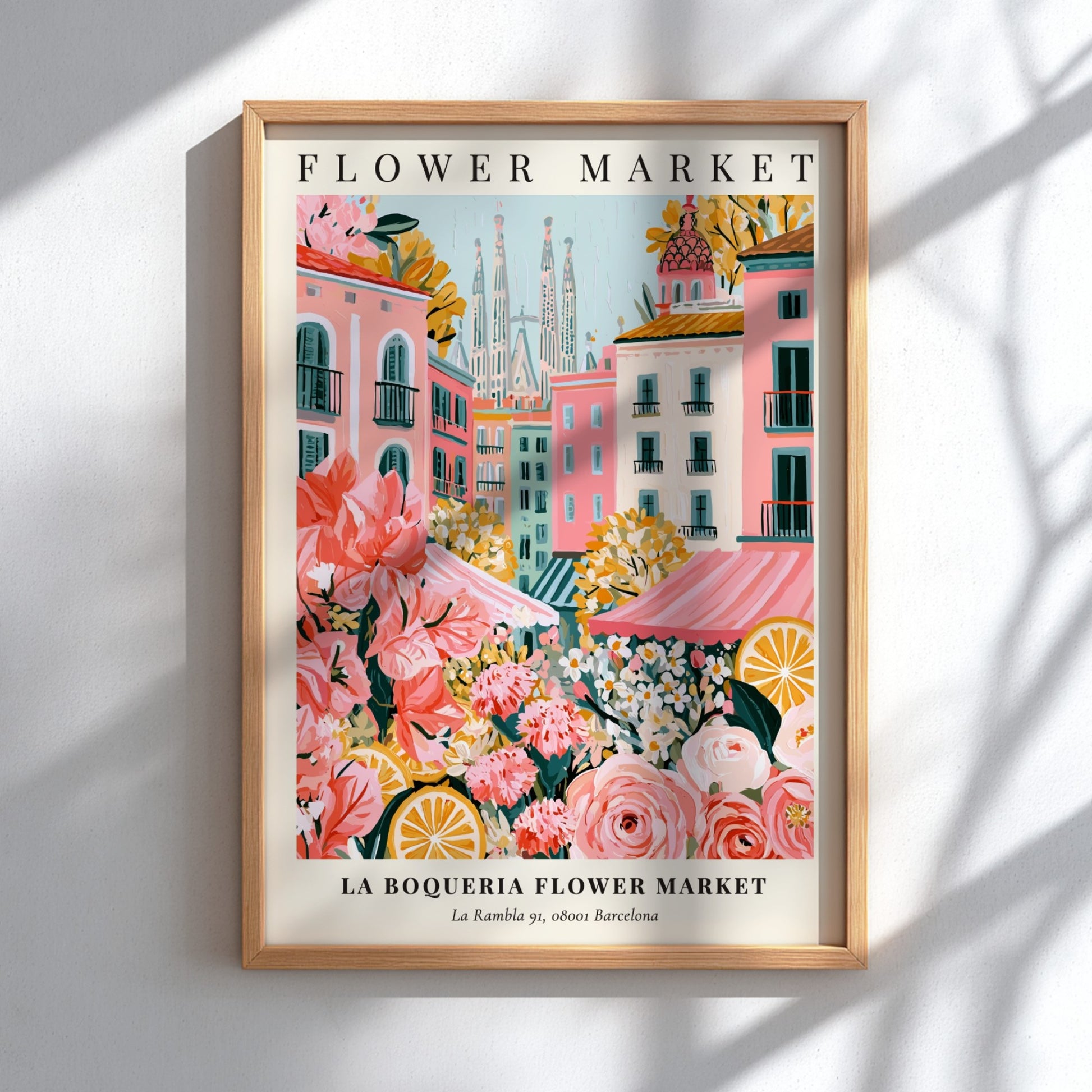 Floral print featuring La Boqueria Flower Market with vibrant colors and Barcelona skyline