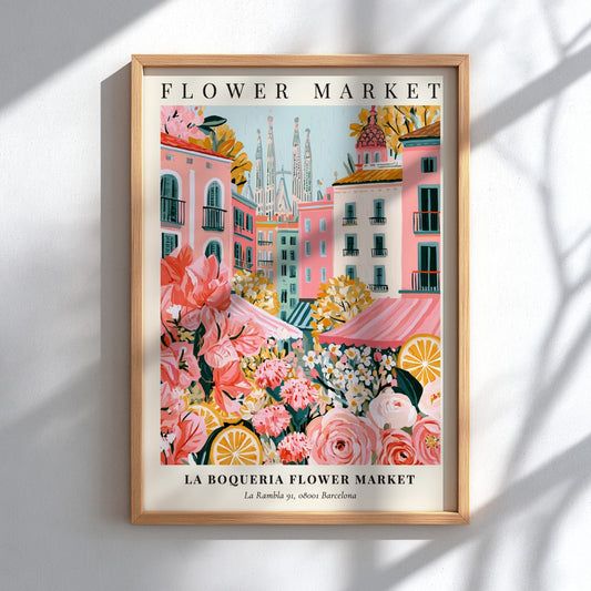 Floral print featuring La Boqueria Flower Market with vibrant colors and Barcelona skyline