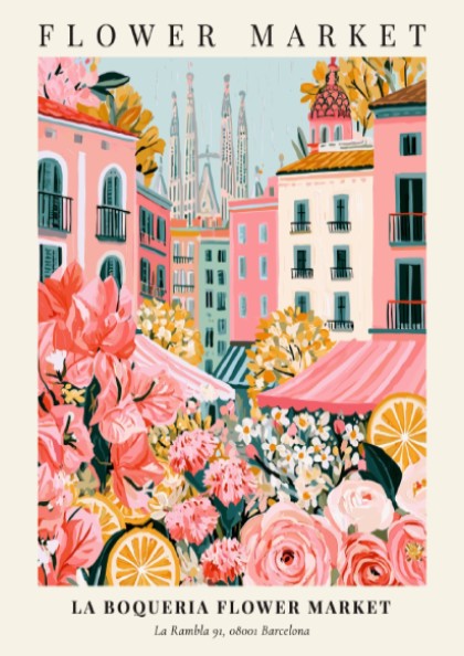 Floral print featuring La Boqueria Flower Market with vibrant colors and Barcelona skyline
