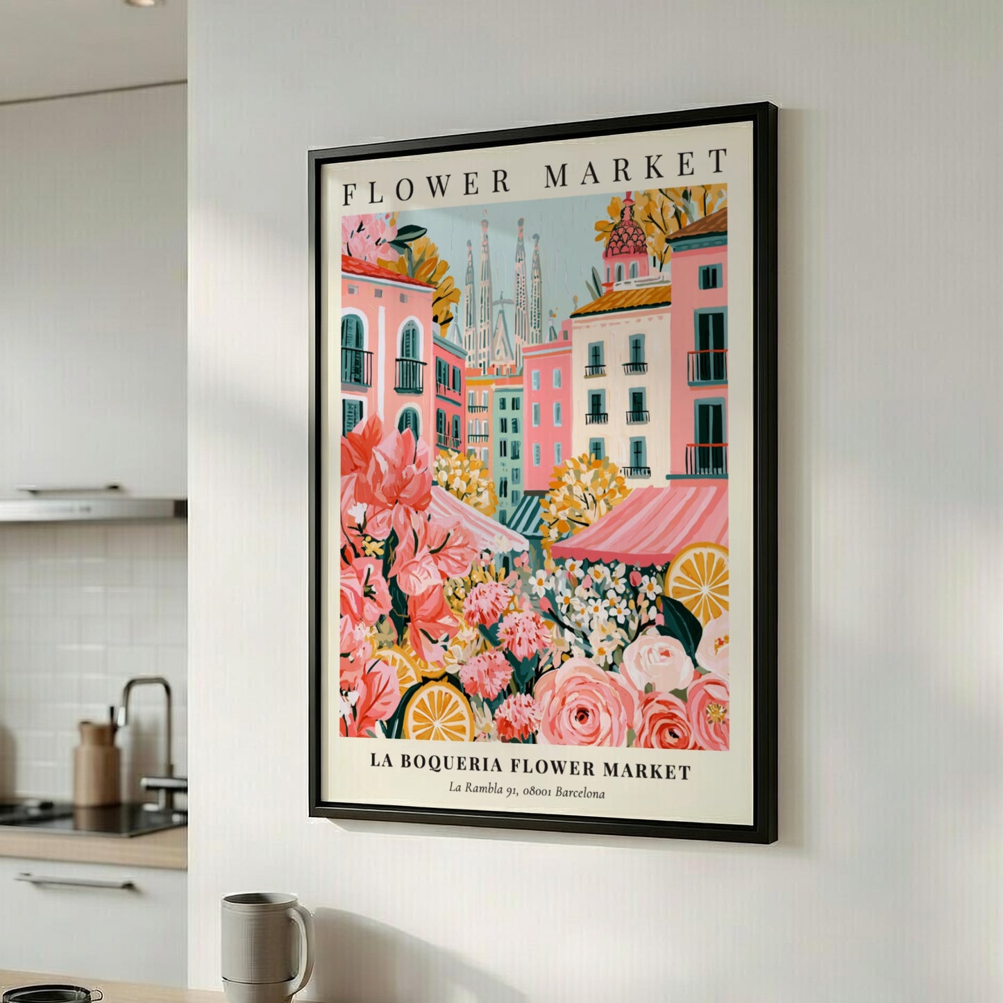 Floral print featuring La Boqueria Flower Market with vibrant colors and Barcelona skyline