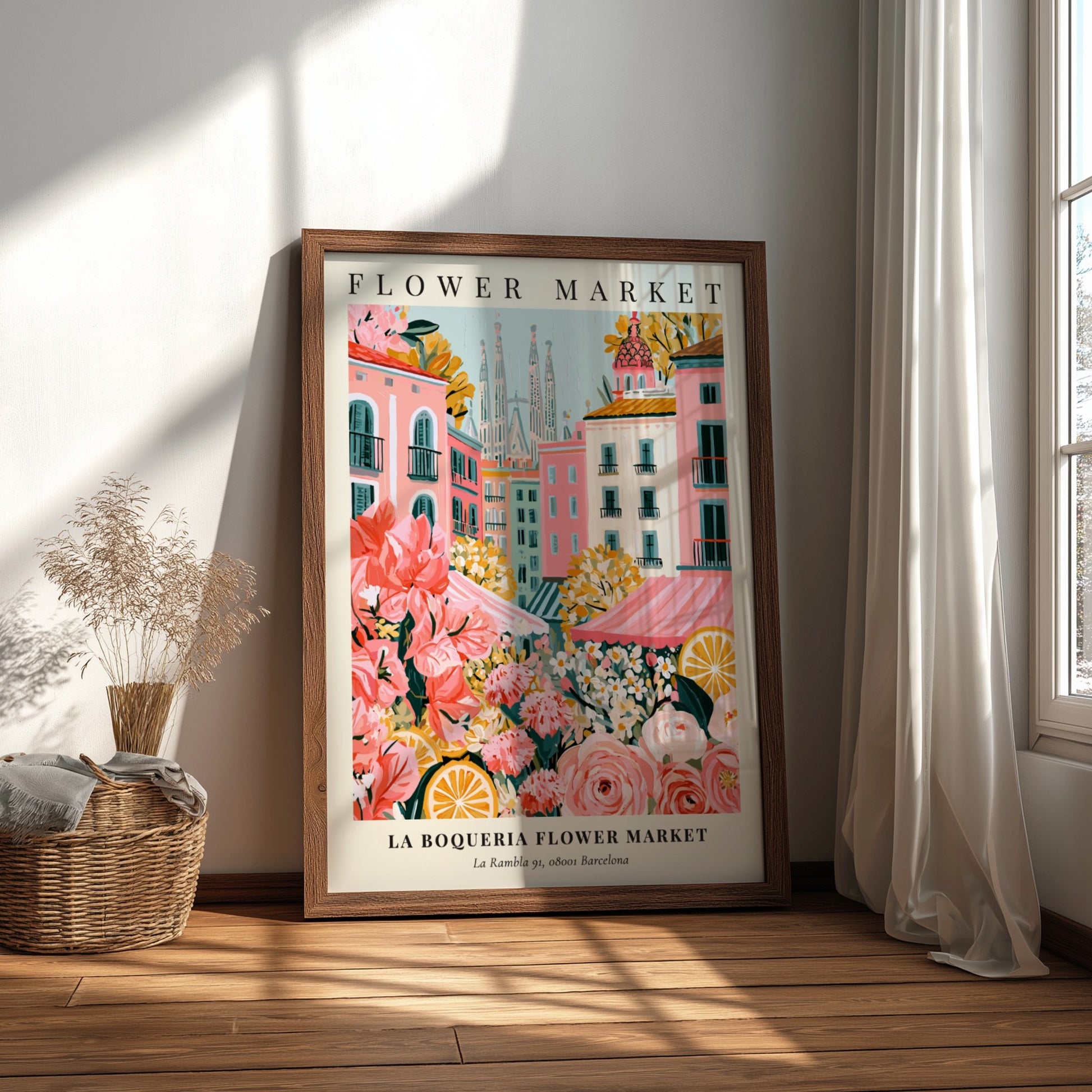 Floral print featuring La Boqueria Flower Market with vibrant colors and Barcelona skyline