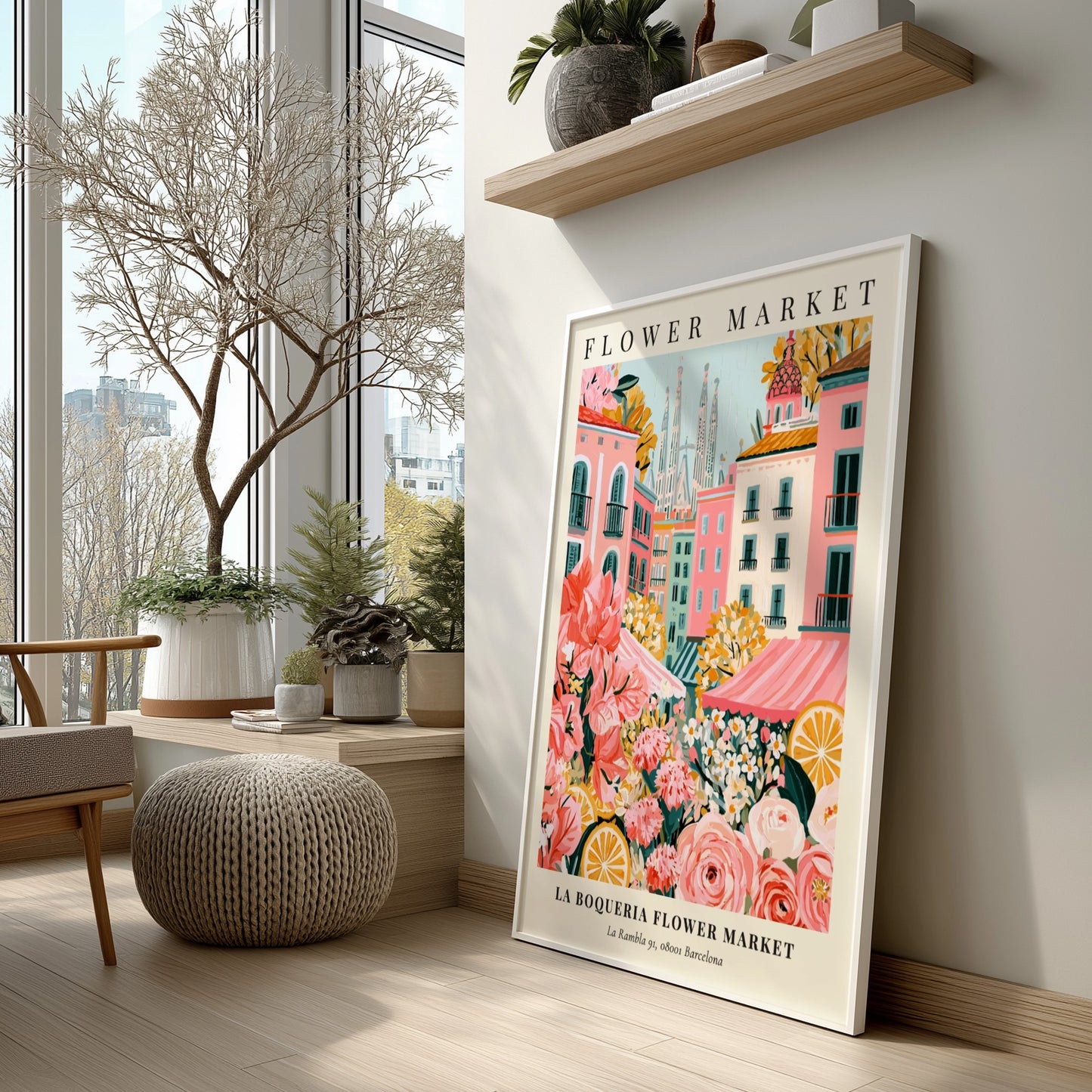 Floral print featuring La Boqueria Flower Market with vibrant colors and Barcelona skyline