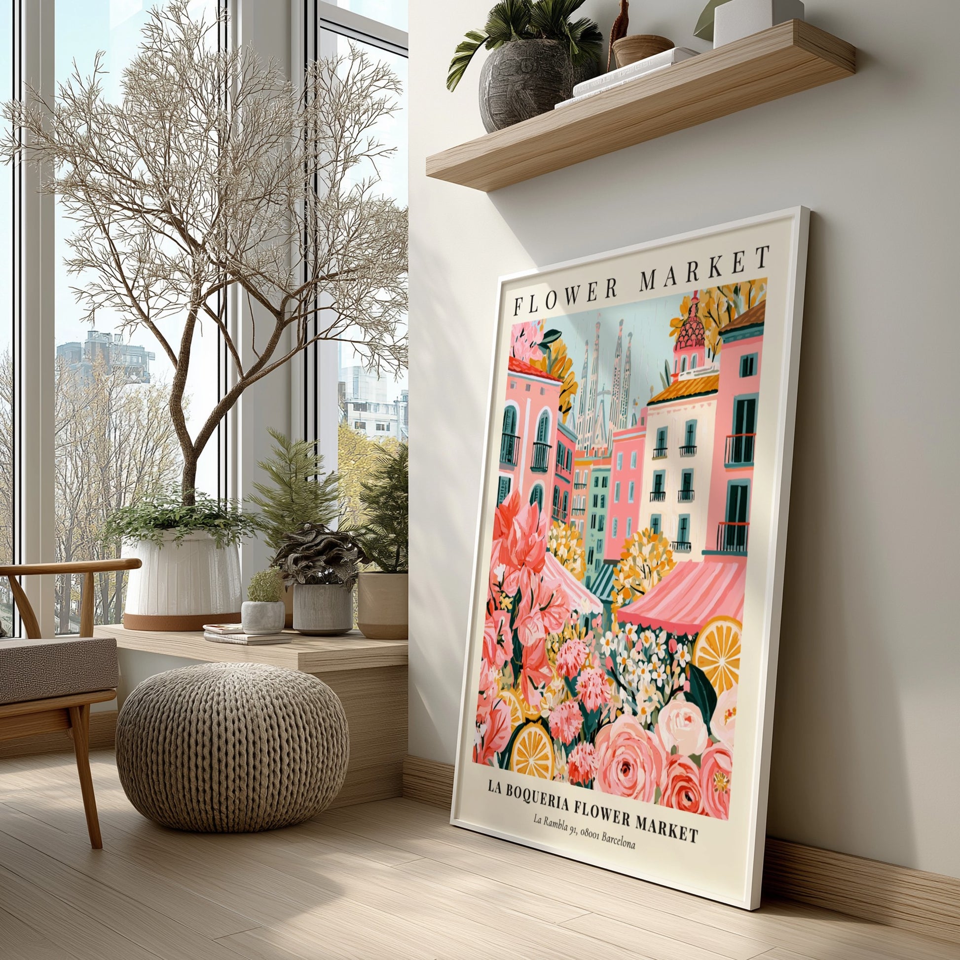 Floral print featuring La Boqueria Flower Market with vibrant colors and Barcelona skyline