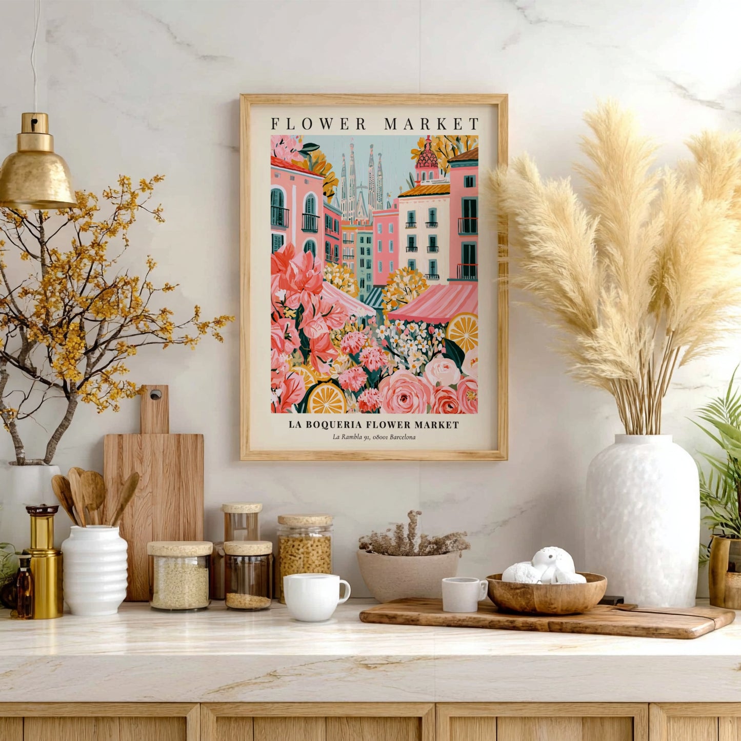 Floral print featuring La Boqueria Flower Market with vibrant colors and Barcelona skyline