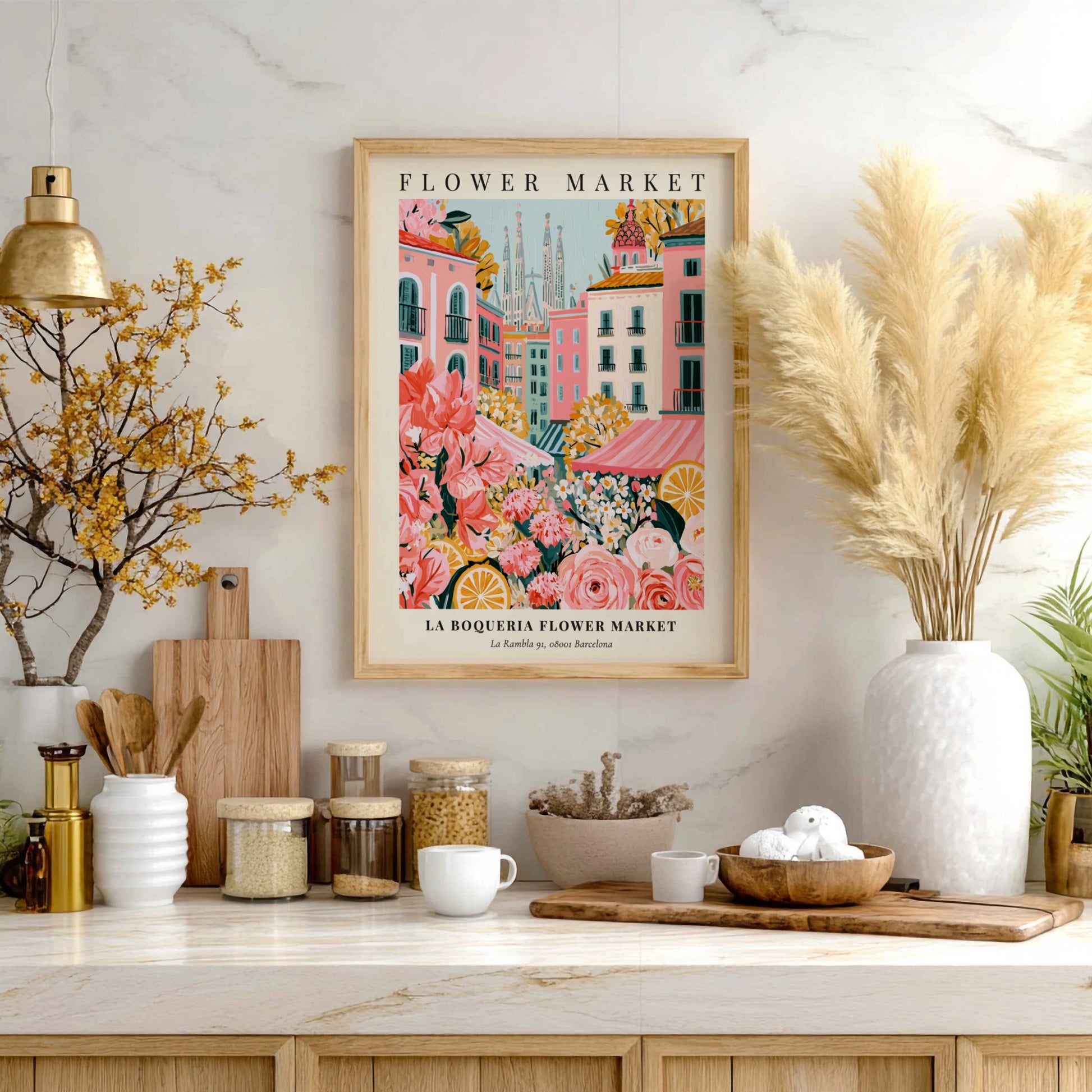 Floral print featuring La Boqueria Flower Market with vibrant colors and Barcelona skyline