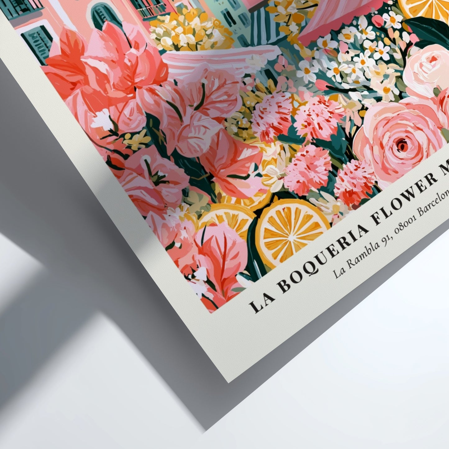 Floral print featuring La Boqueria Flower Market with vibrant colors and Barcelona skyline
