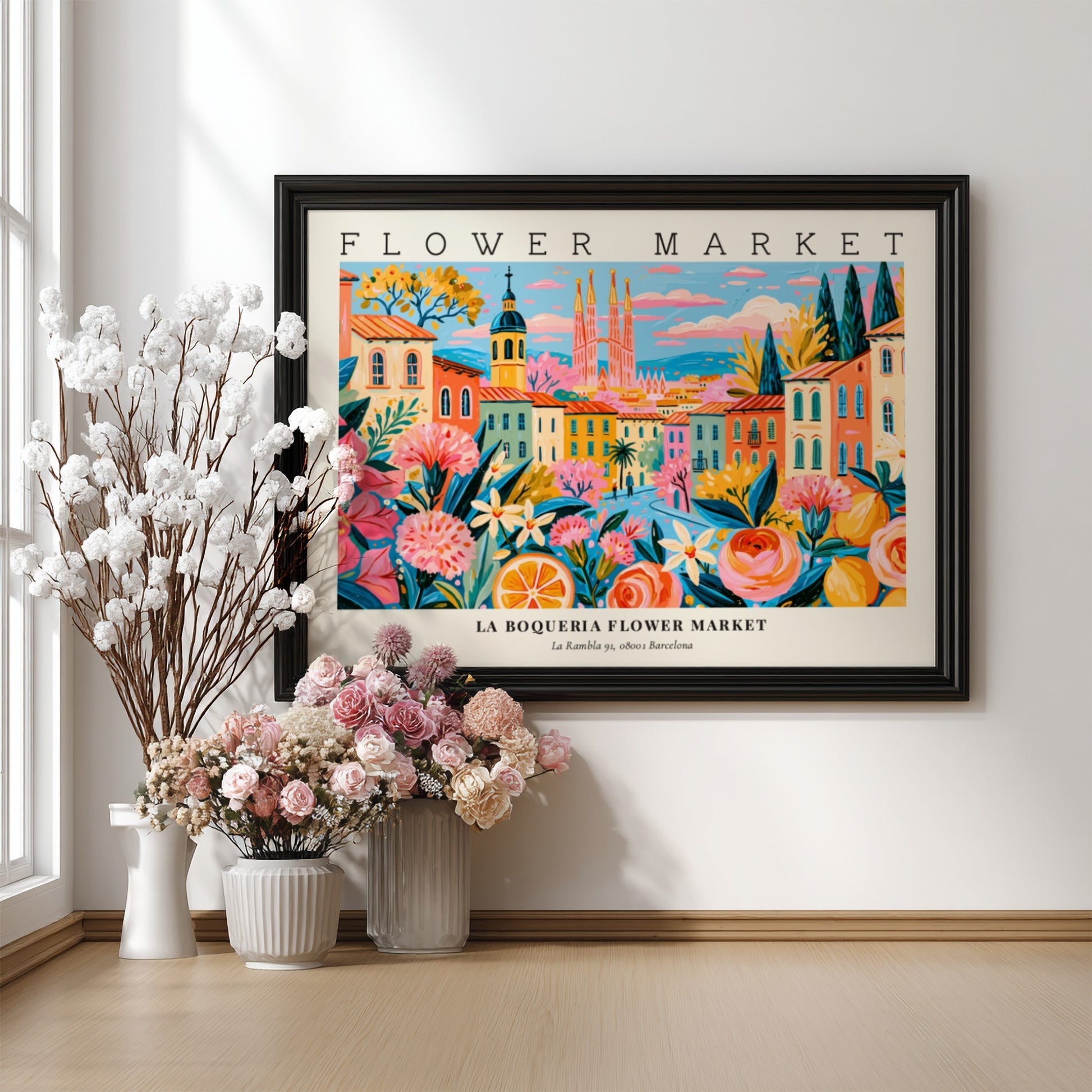 Flower market poster featuring vibrant colors and floral designs