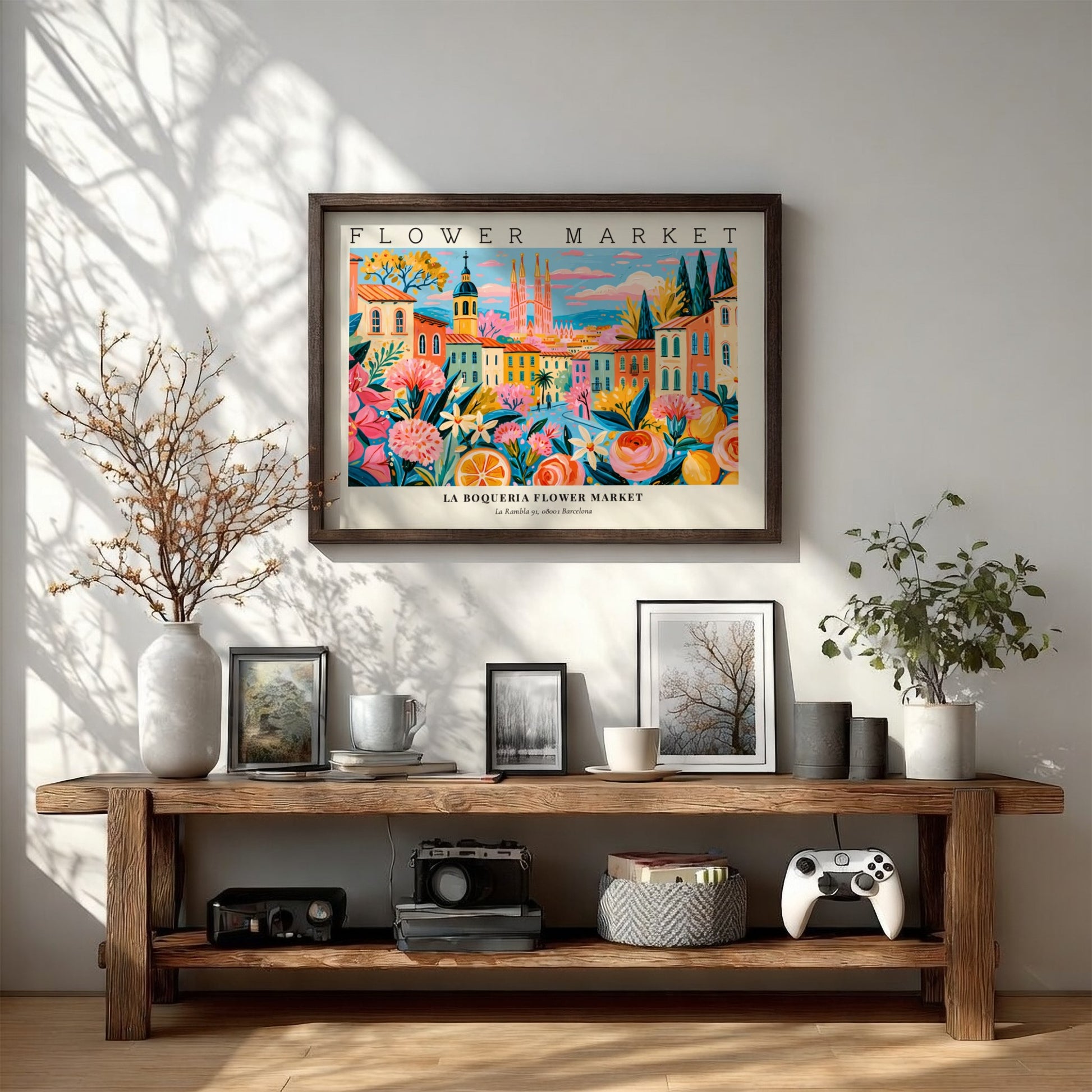 Flower market poster featuring La Boqueria in Barcelona with vibrant colors and floral designs
