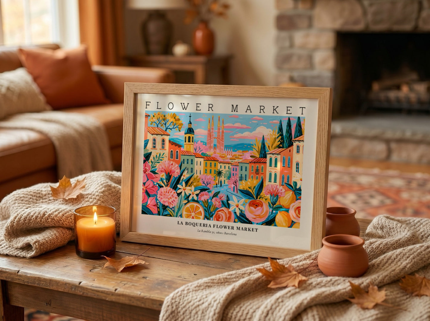 Flower market poster featuring La Boqueria in Barcelona with vibrant colors and floral designs