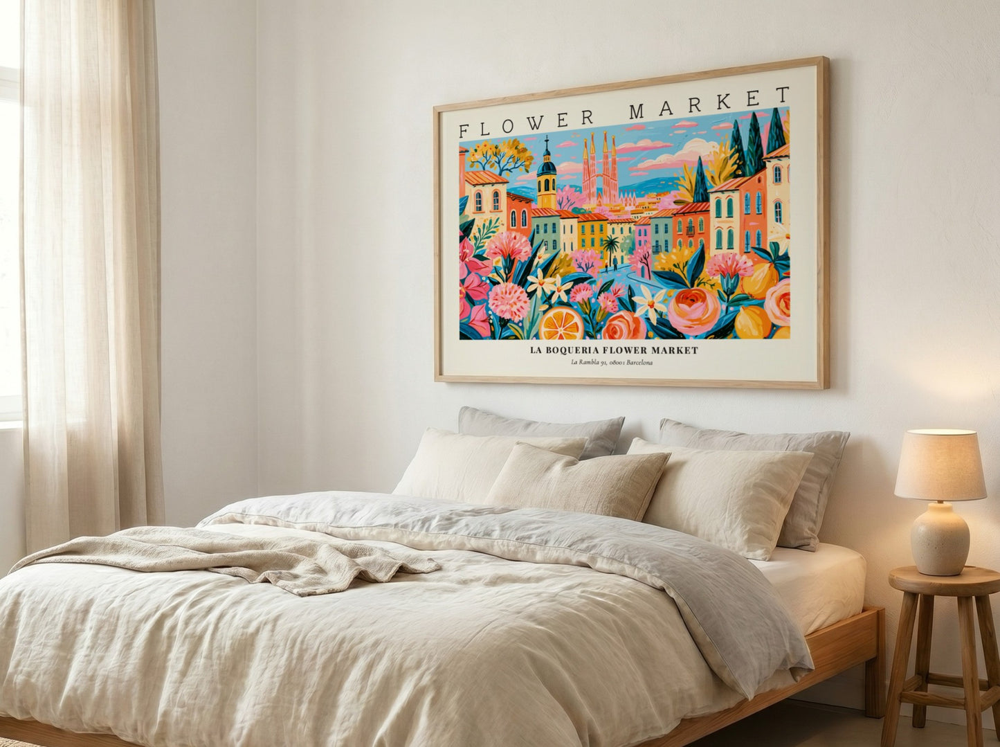 Flower market poster featuring La Boqueria in Barcelona with vibrant colors and floral designs