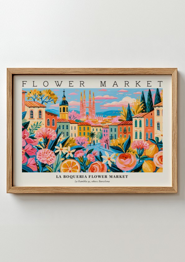 Flower market poster featuring La Boqueria in Barcelona with vibrant colors and floral designs