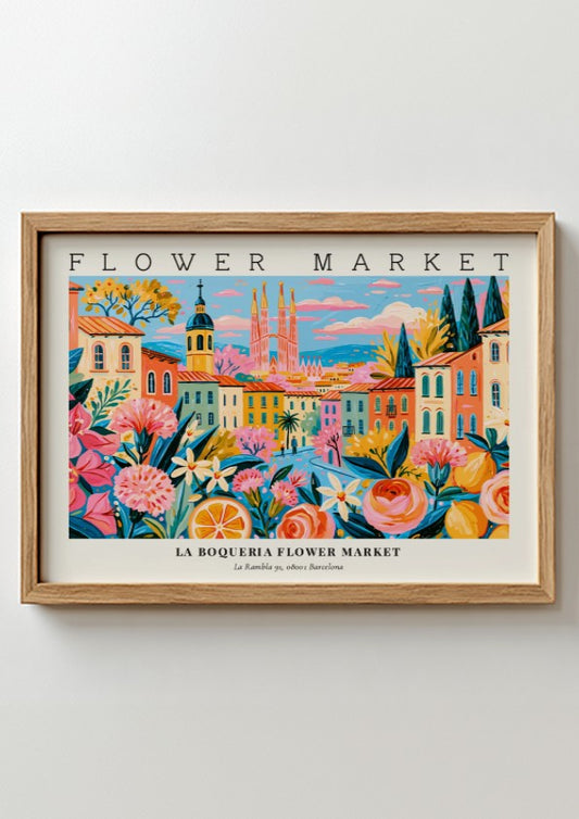Flower market poster featuring La Boqueria in Barcelona with vibrant colors and floral designs
