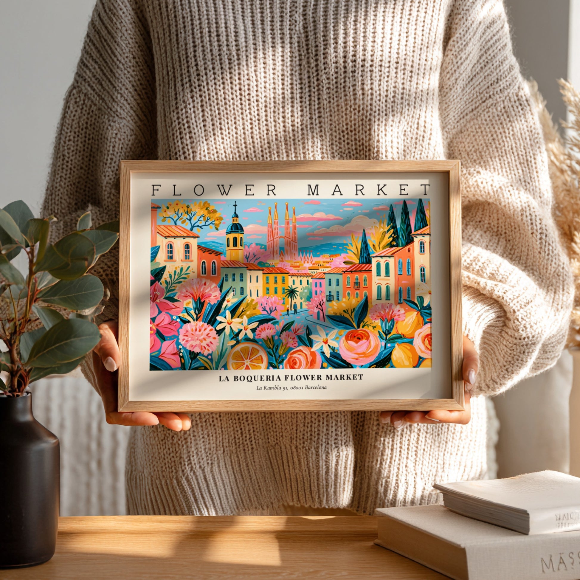 Flower market poster featuring La Boqueria in Barcelona with vibrant colors and floral designs