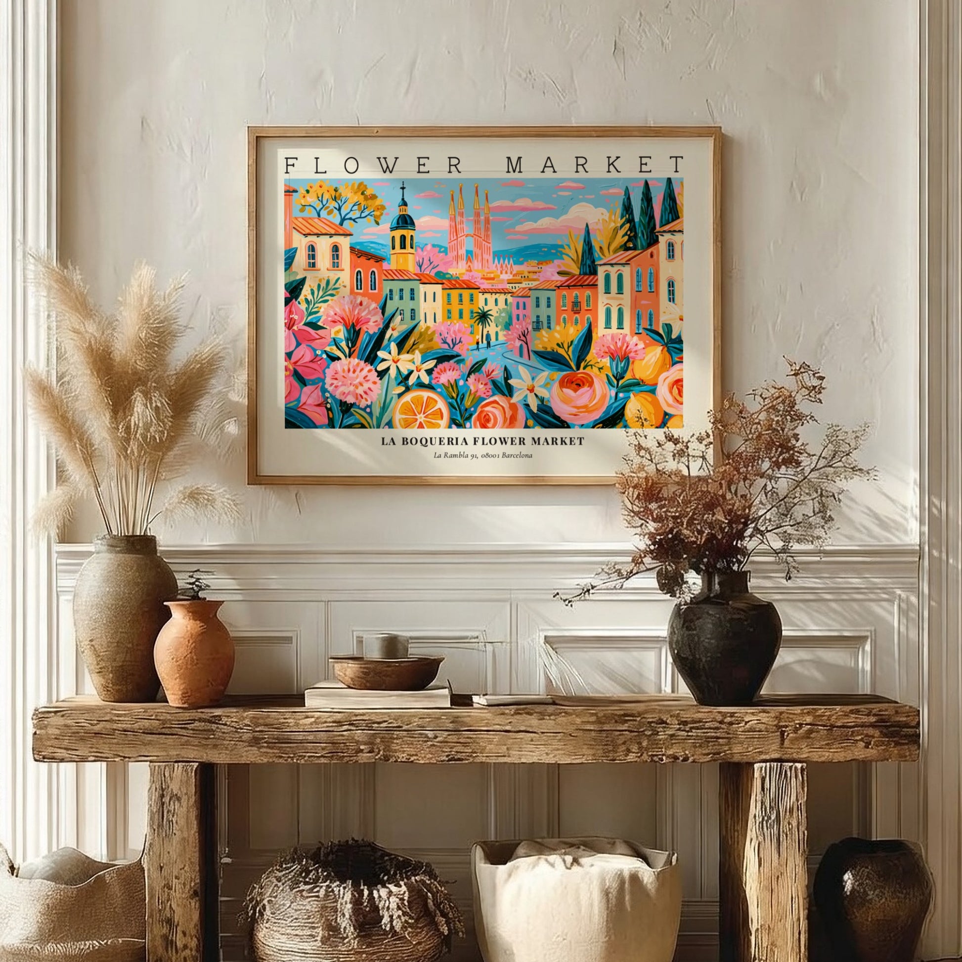 Flower market poster featuring La Boqueria in Barcelona with vibrant colors and floral designs