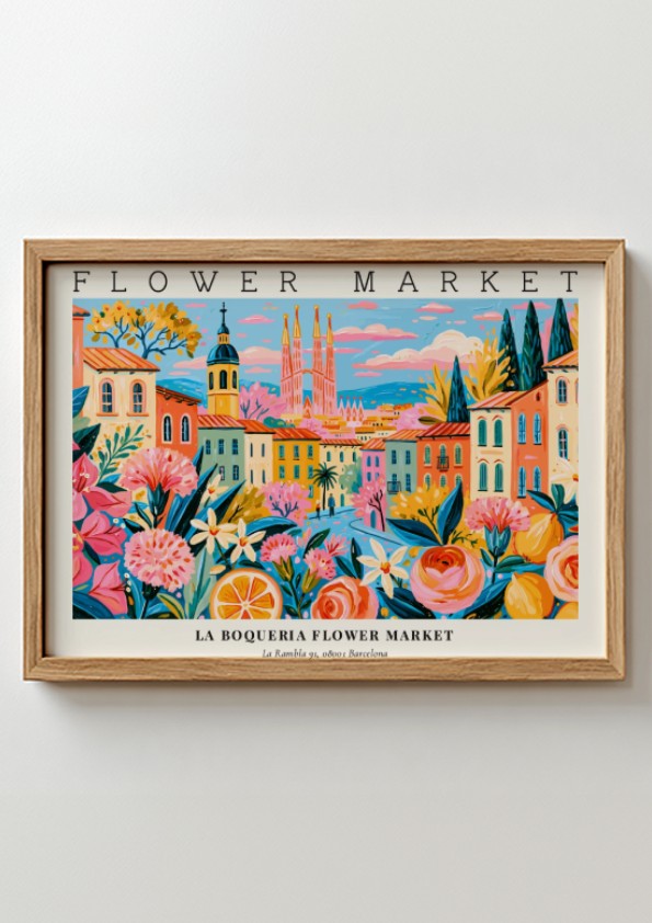 Flower market poster featuring vibrant colors and floral designs
