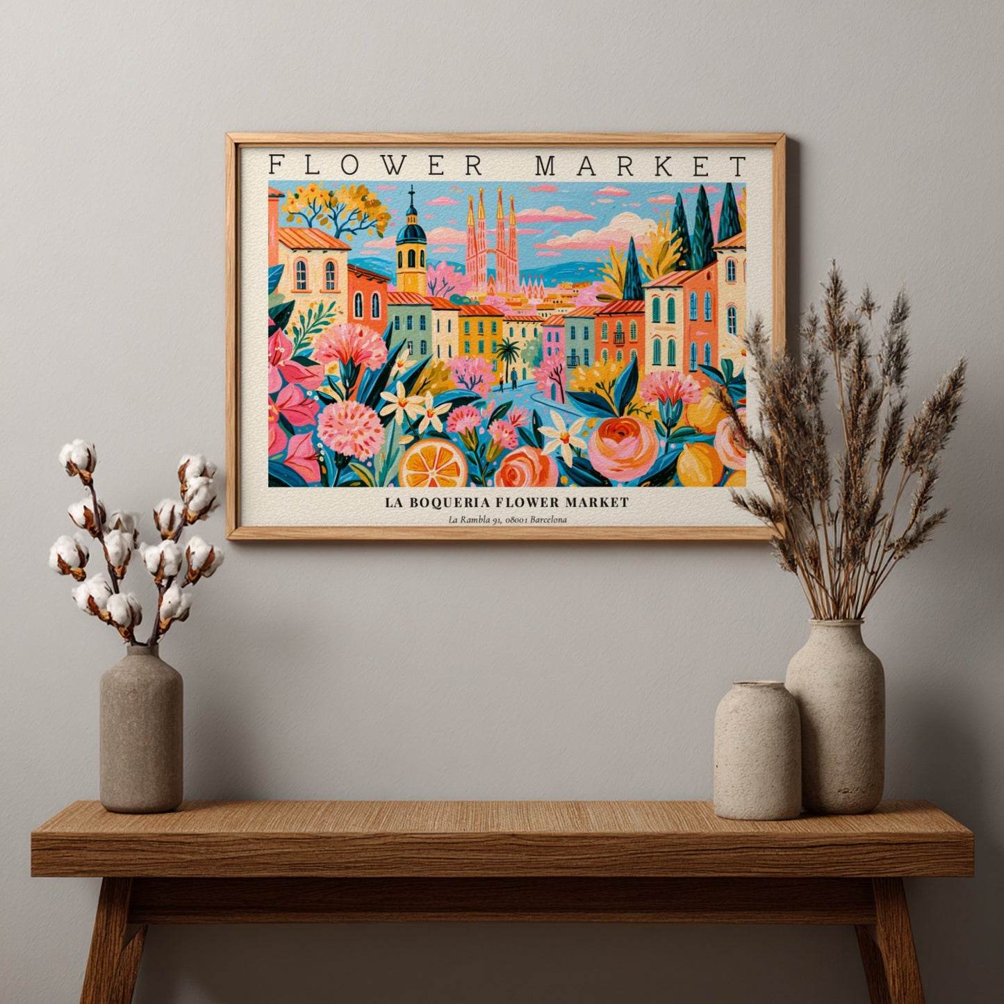 Flower market poster featuring vibrant colors and floral designs
