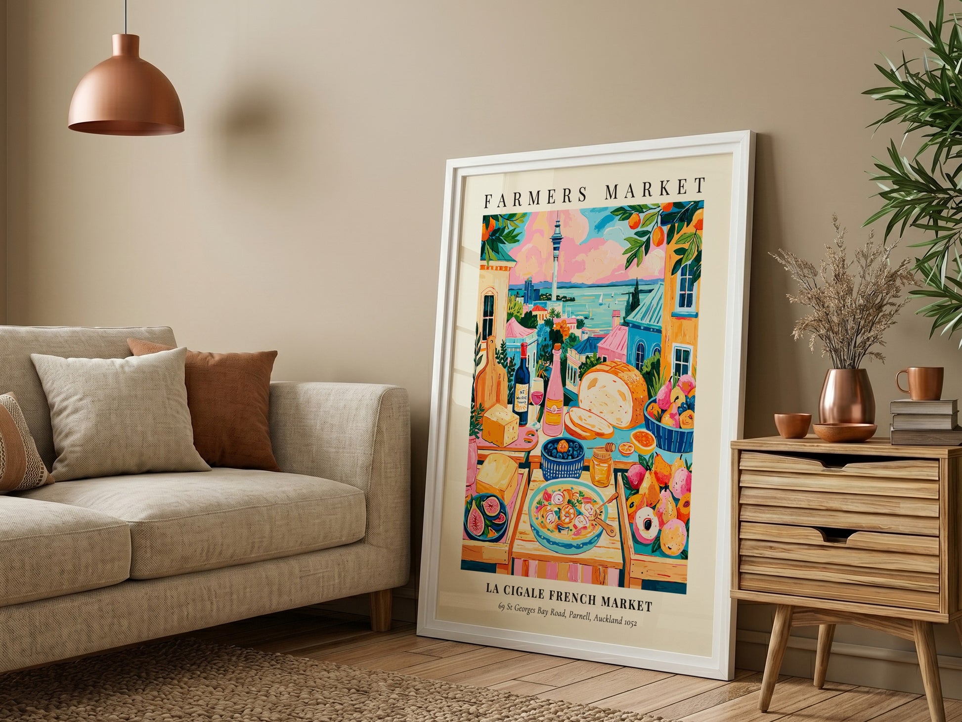 Farmers market poster featuring colorful produce and scenic view of La Cigale French Market in Auckland
