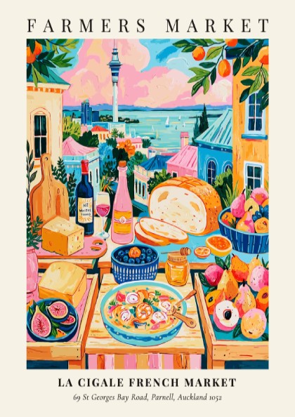 Farmers market poster featuring colorful produce and scenic view of La Cigale French Market in Auckland