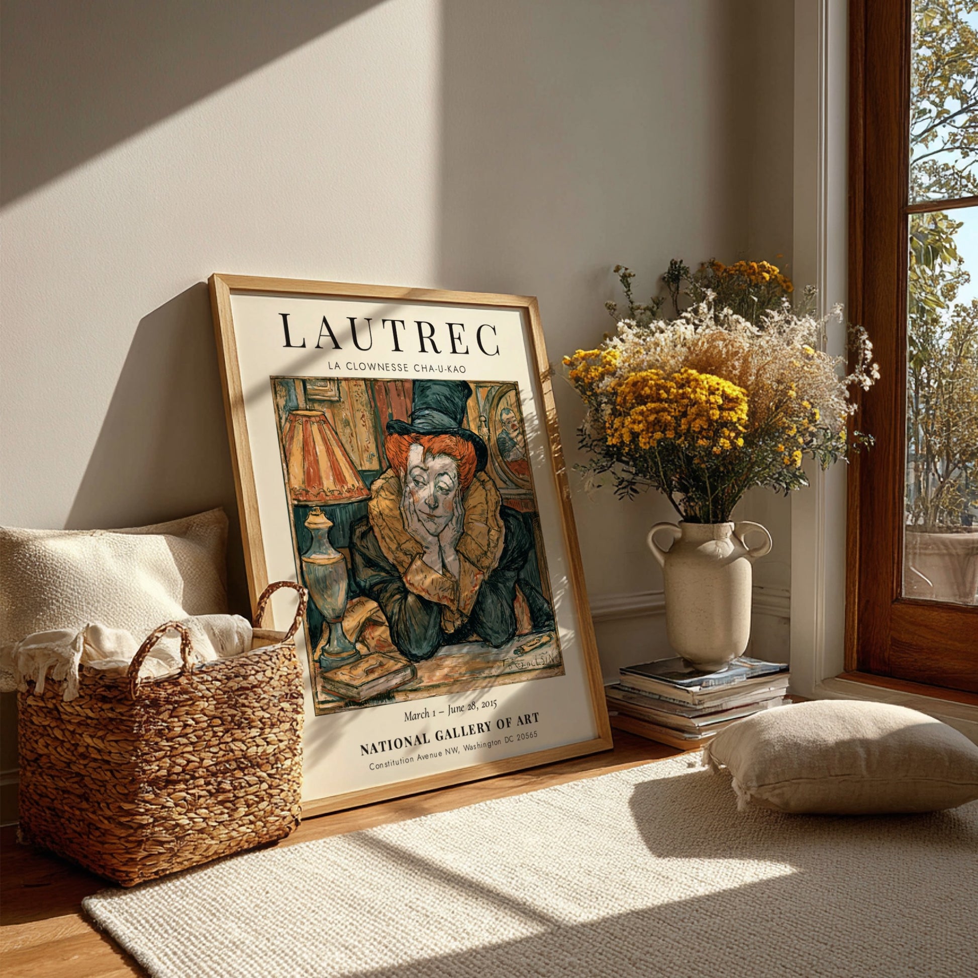 Toulouse-Lautrec poster featuring La Clownesse Cha-U-Kao with vibrant reds and expressive lines
