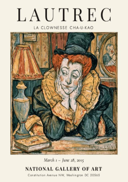 Toulouse-Lautrec poster featuring La Clownesse Cha-U-Kao with vibrant reds and expressive lines